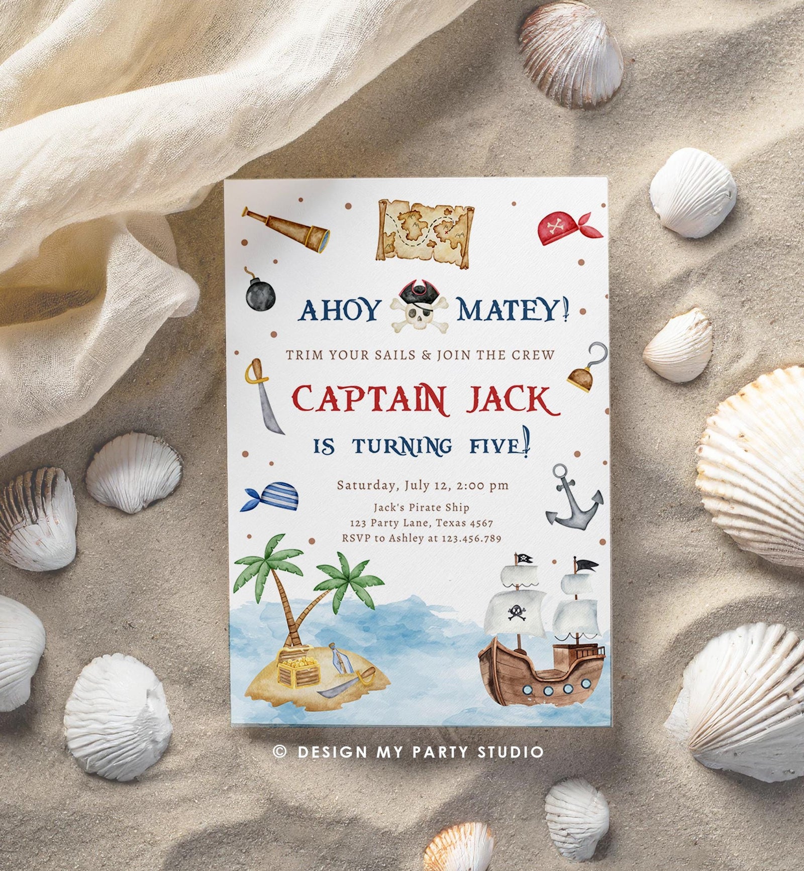 Editable Ahoy Matey Pirate Birthday Invitation Pirates Party Nautical Adventure Ship Treasure Island Digital Evite Template Printable 0531