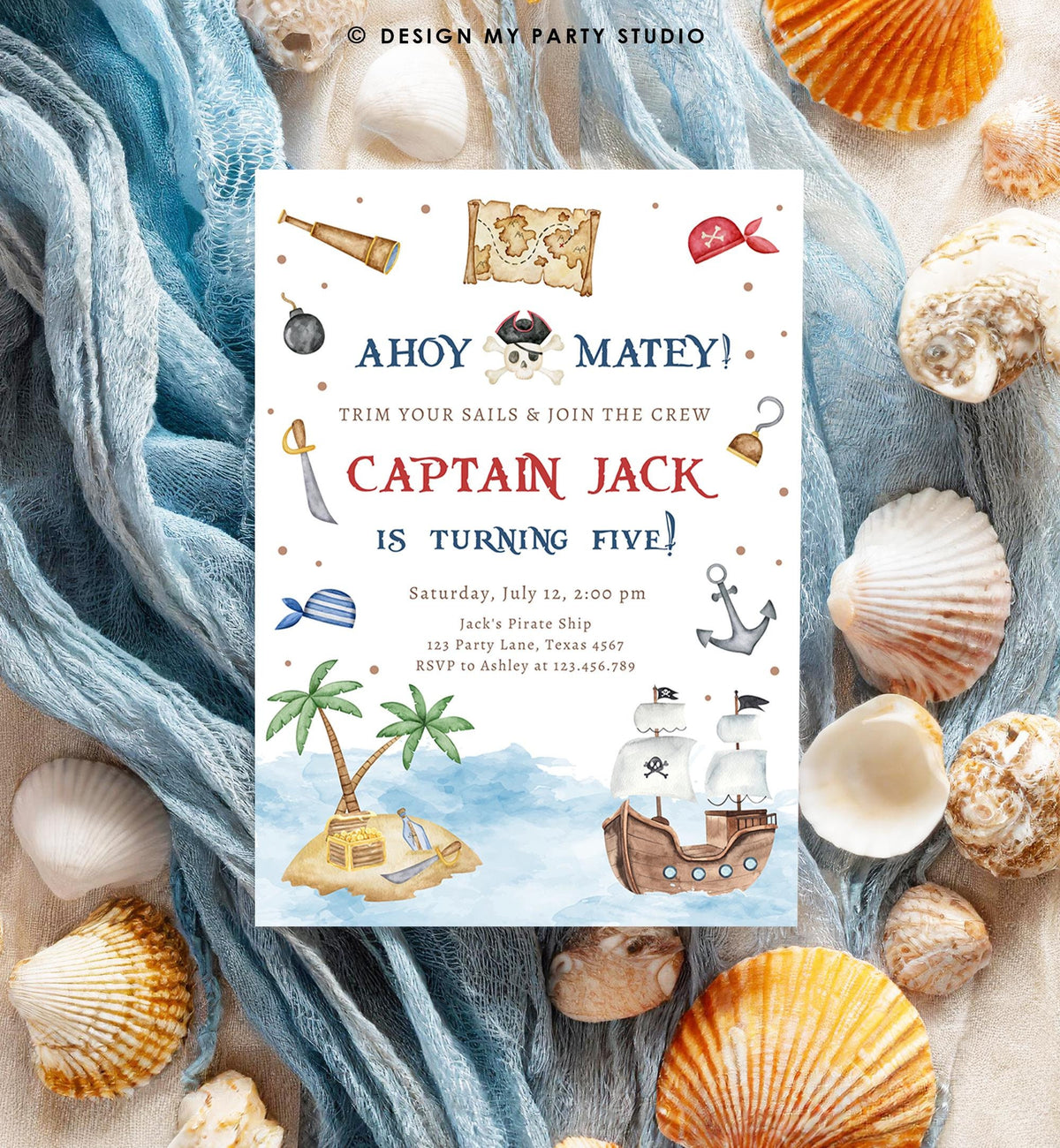 Editable Ahoy Matey Pirate Birthday Invitation Pirates Party Nautical Adventure Ship Treasure Island Digital Evite Template Printable 0531