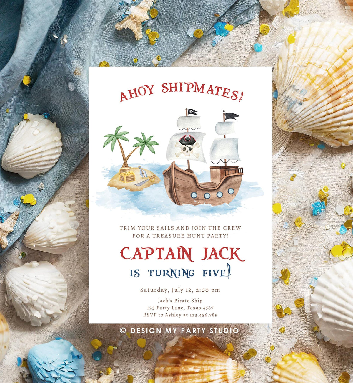 Editable Ahoy Shipmates Pirate Birthday Invitation Pirates Party Nautical Adventure Ship Treasure Map Digital Evite Template Printable 0531