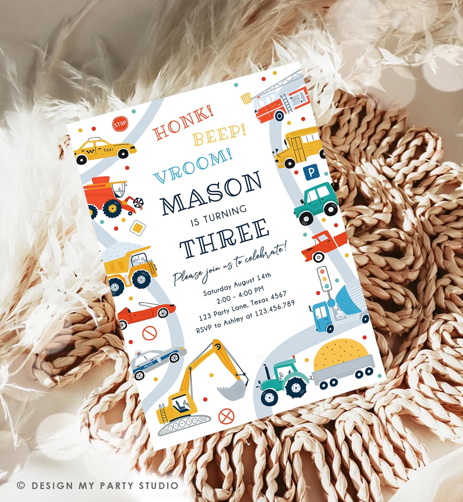 Editable Transportation Birthday Invitation Honk Beep Vroom Truck Cars Transport Boy Modern Digital Download Evite Template Printable 0533