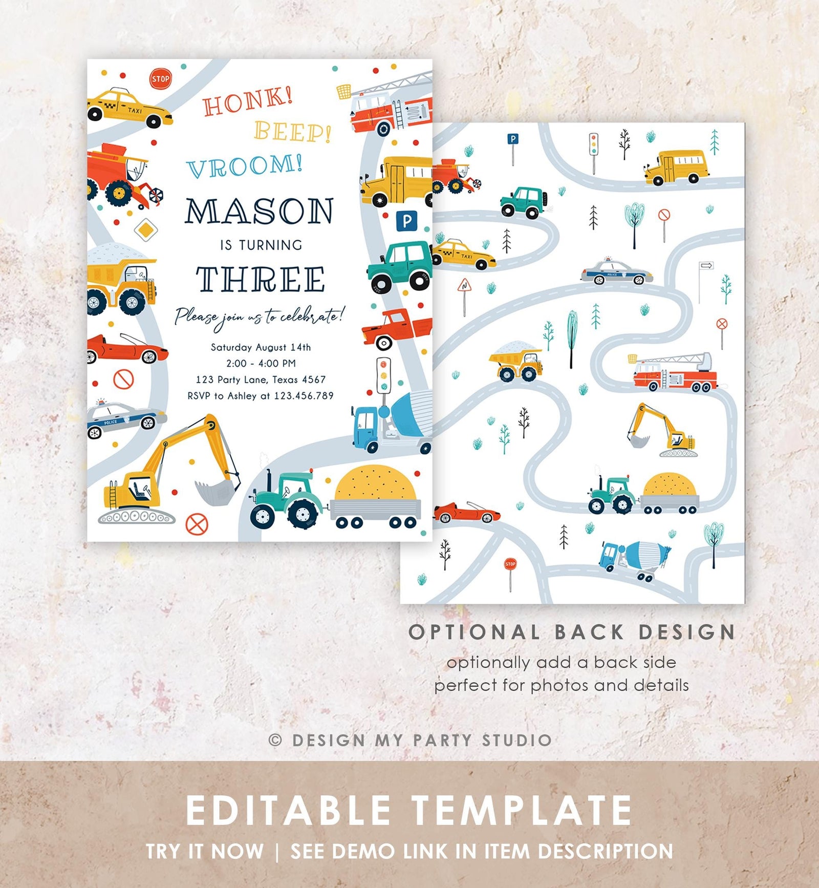 Editable Transportation Birthday Invitation Honk Beep Vroom Truck Cars Transport Boy Modern Digital Download Evite Template Printable 0533