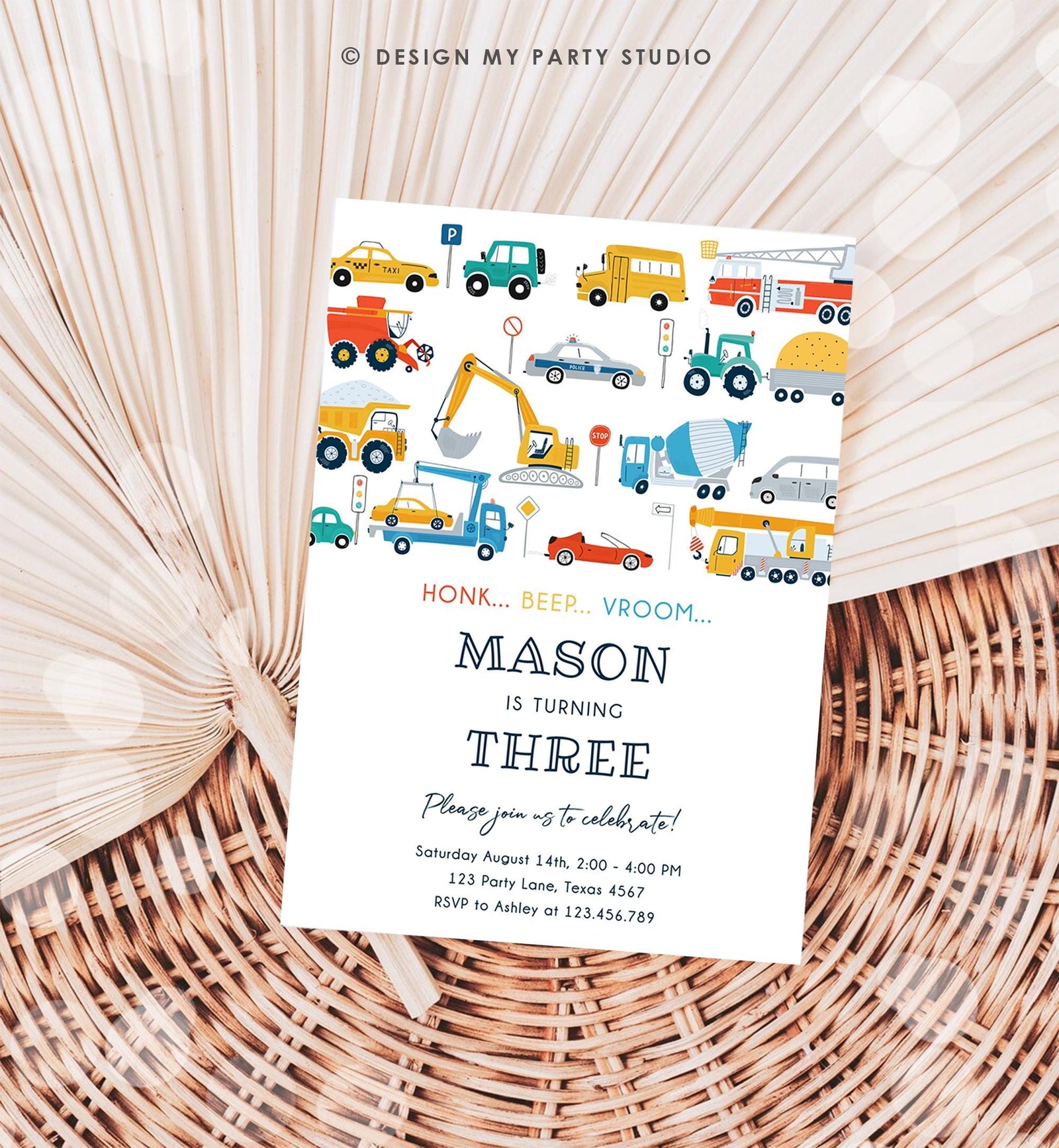 Editable Transportation Birthday Invitation Honk Beep Vroom Truck Cars Transport Boy Modern Digital Download Evite Template Printable 0533