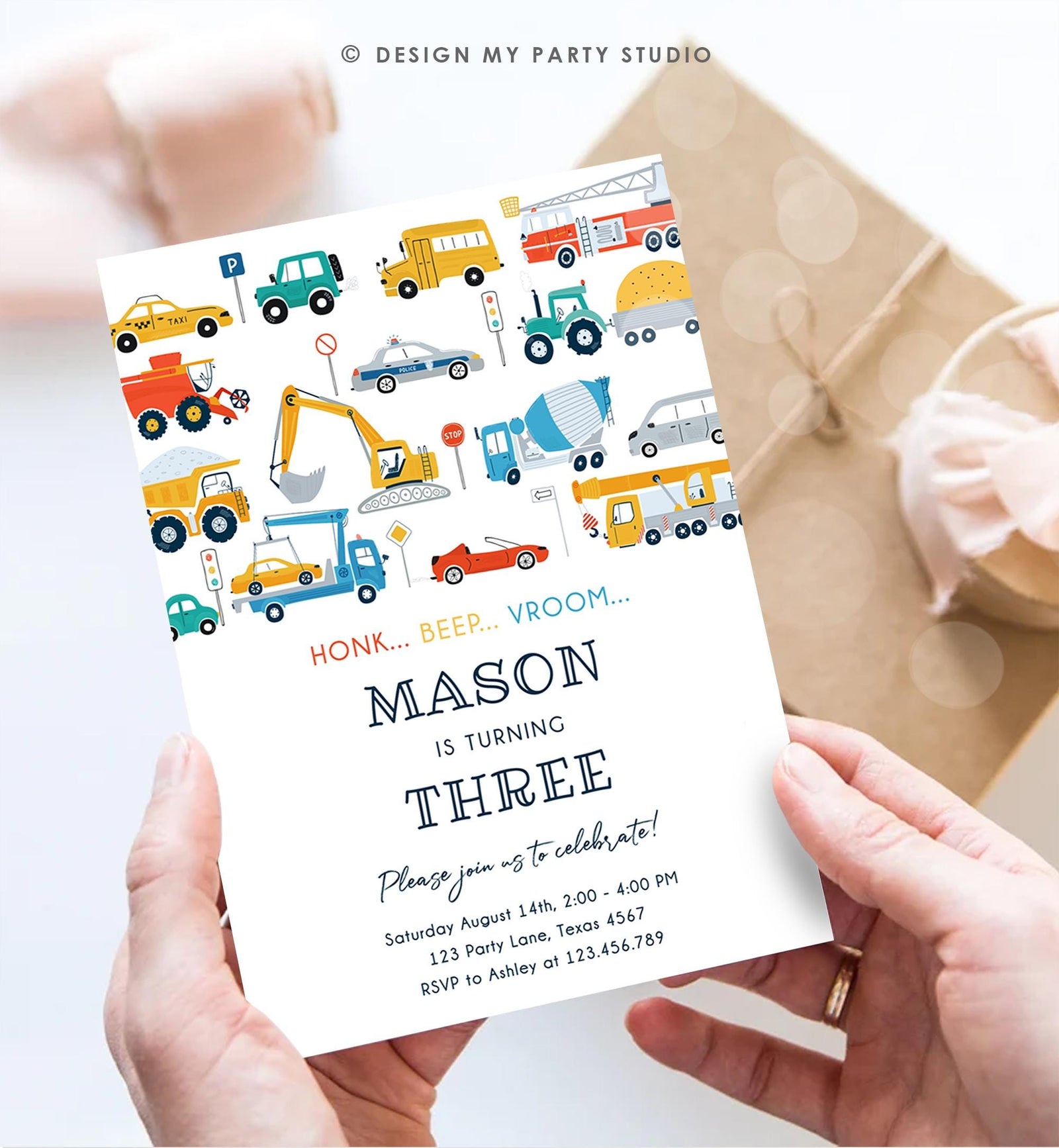 Editable Transportation Birthday Invitation Honk Beep Vroom Truck Cars Transport Boy Modern Digital Download Evite Template Printable 0533