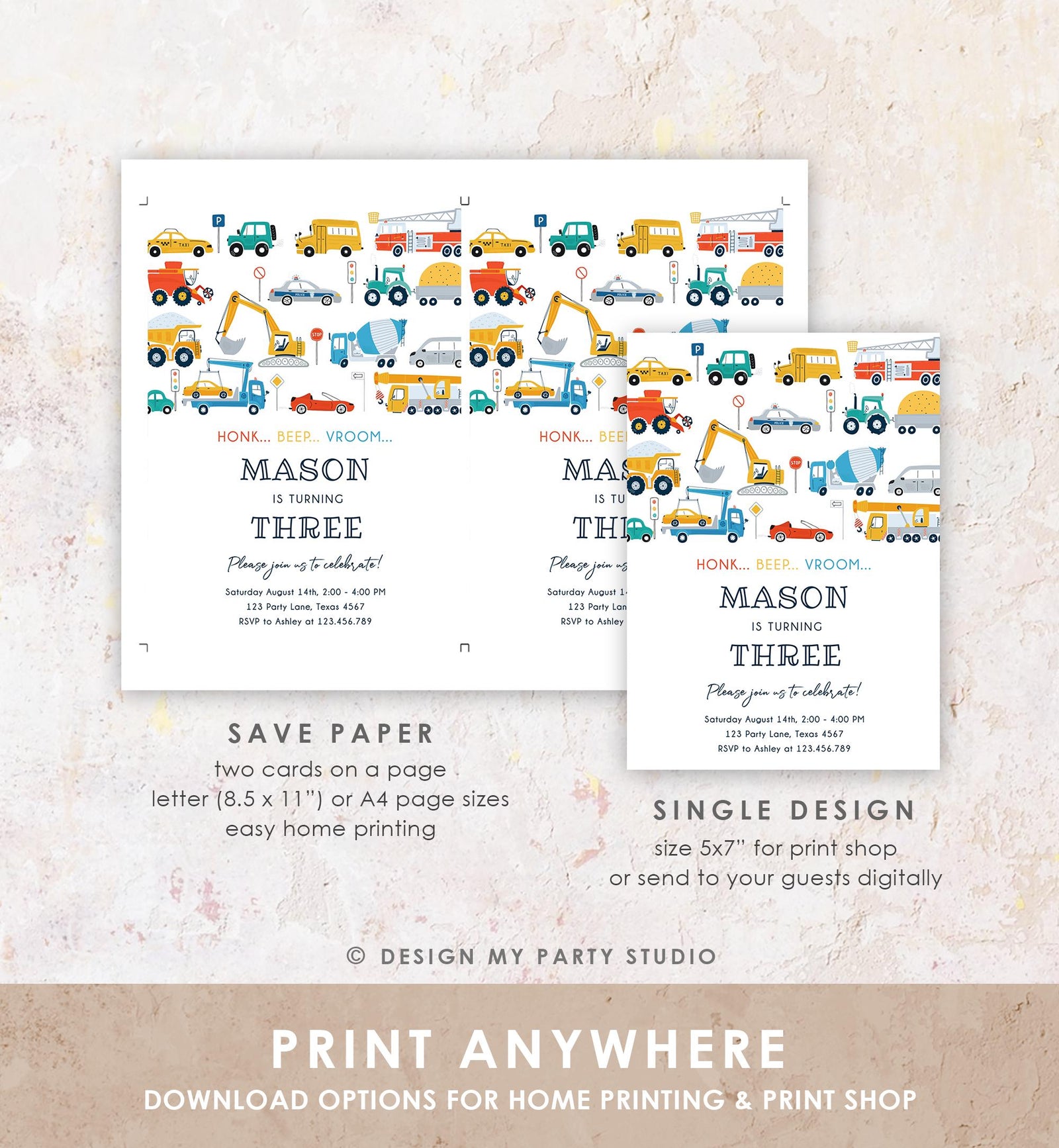 Editable Transportation Birthday Invitation Honk Beep Vroom Truck Cars Transport Boy Modern Digital Download Evite Template Printable 0533