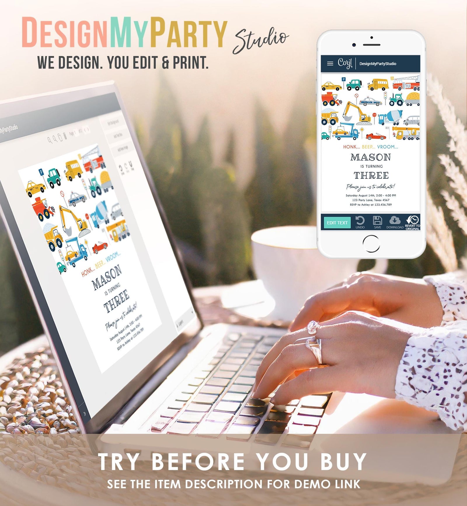 Editable Transportation Birthday Invitation Honk Beep Vroom Truck Cars Transport Boy Modern Digital Download Evite Template Printable 0533