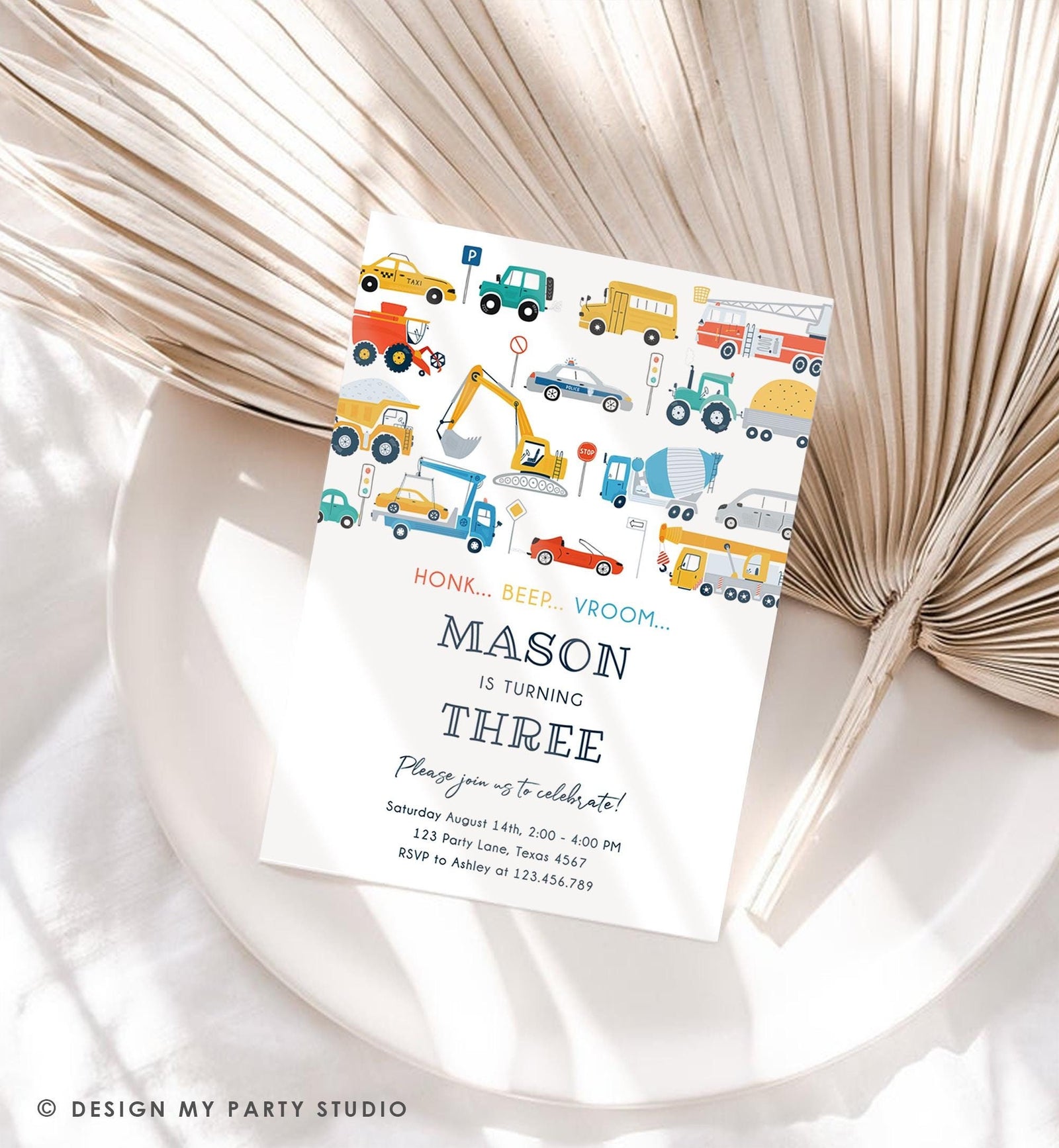 Editable Transportation Birthday Invitation Honk Beep Vroom Truck Cars Transport Boy Modern Digital Download Evite Template Printable 0533