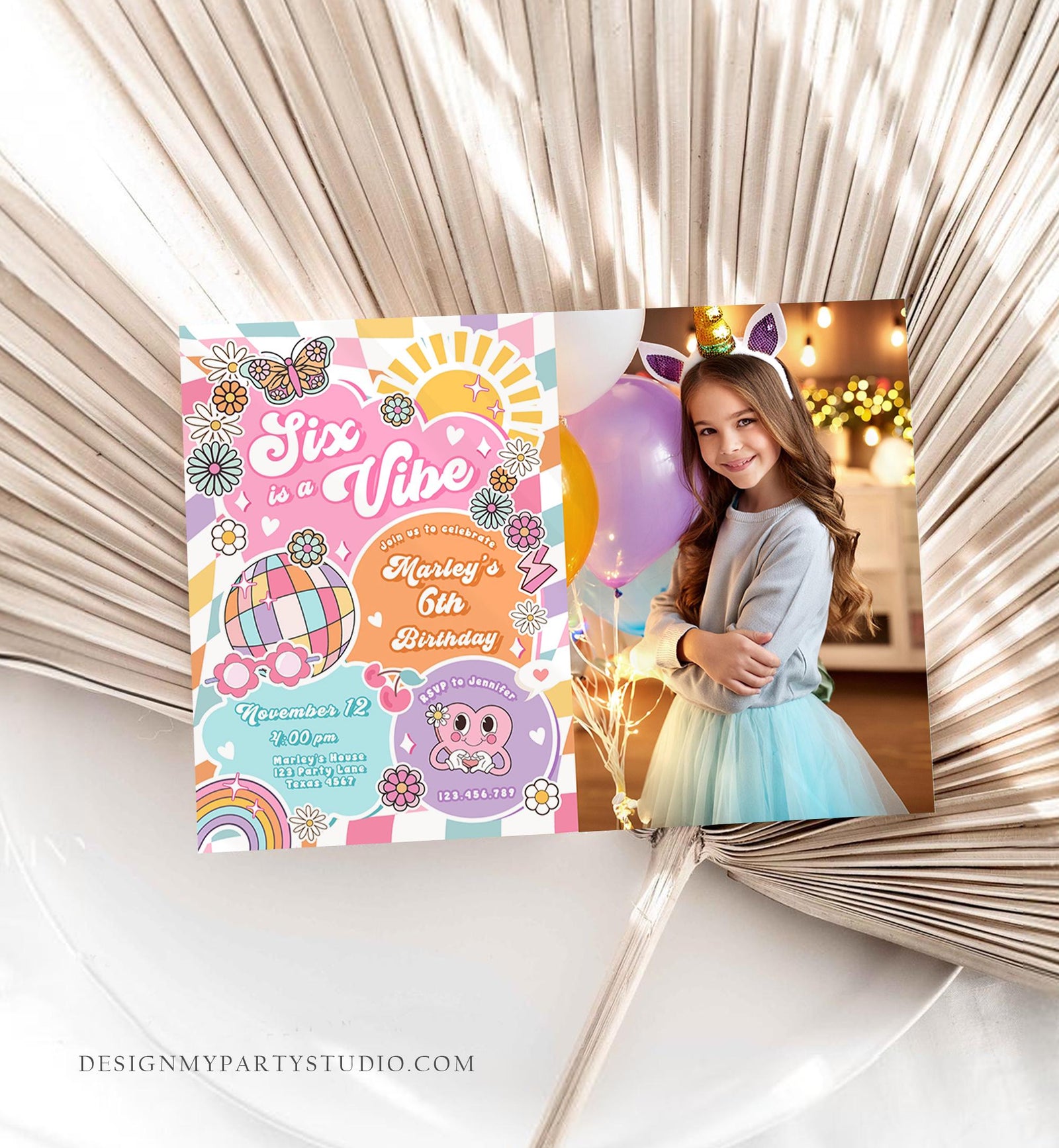 Editable Six is a Vibe Groovy 6th Birthday Party Invitation Groovy Hippie Peace Preppy Varsity Disco Digital Evite Template Printable 0524