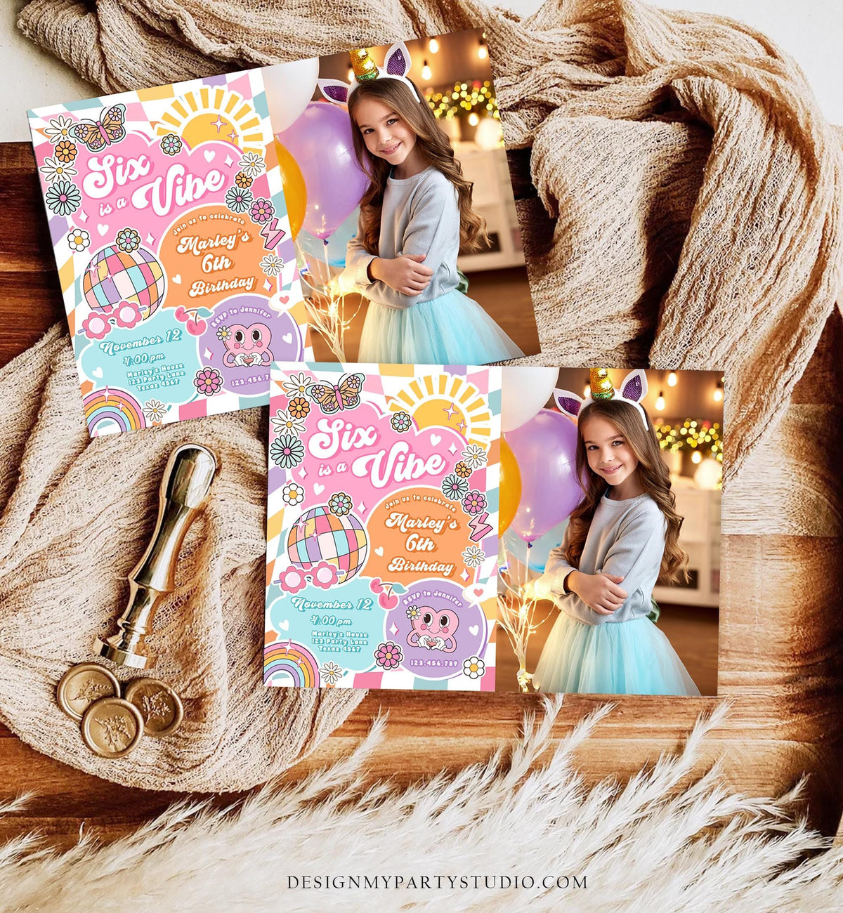 Editable Six is a Vibe Groovy 6th Birthday Party Invitation Groovy Hippie Peace Preppy Varsity Disco Digital Evite Template Printable 0524