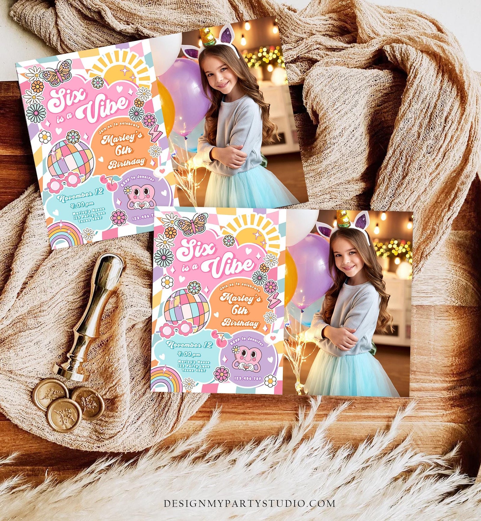 Editable Six is a Vibe Groovy 6th Birthday Party Invitation Groovy Hippie Peace Preppy Varsity Disco Digital Evite Template Printable 0524