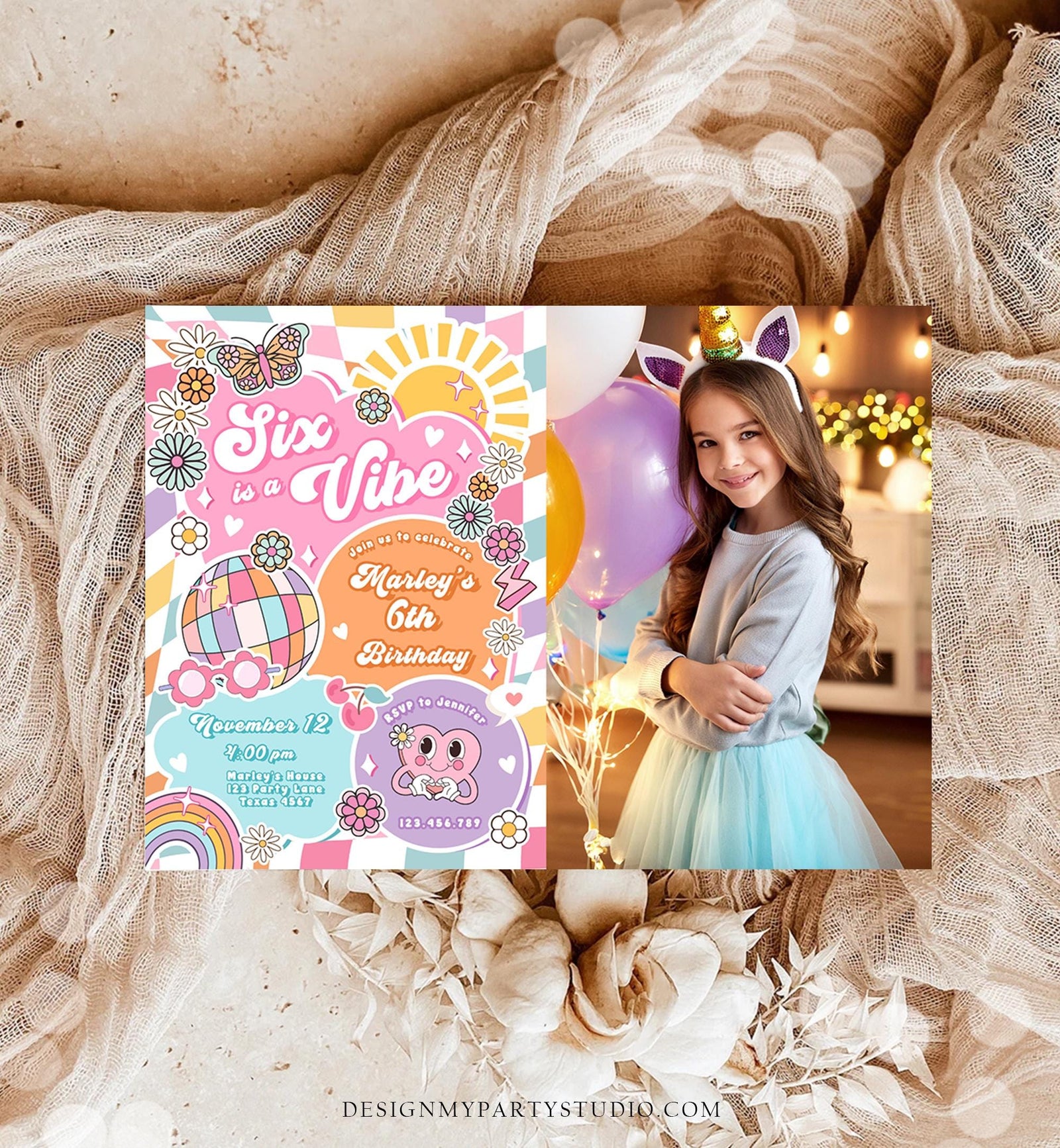 Editable Six is a Vibe Groovy 6th Birthday Party Invitation Groovy Hippie Peace Preppy Varsity Disco Digital Evite Template Printable 0524