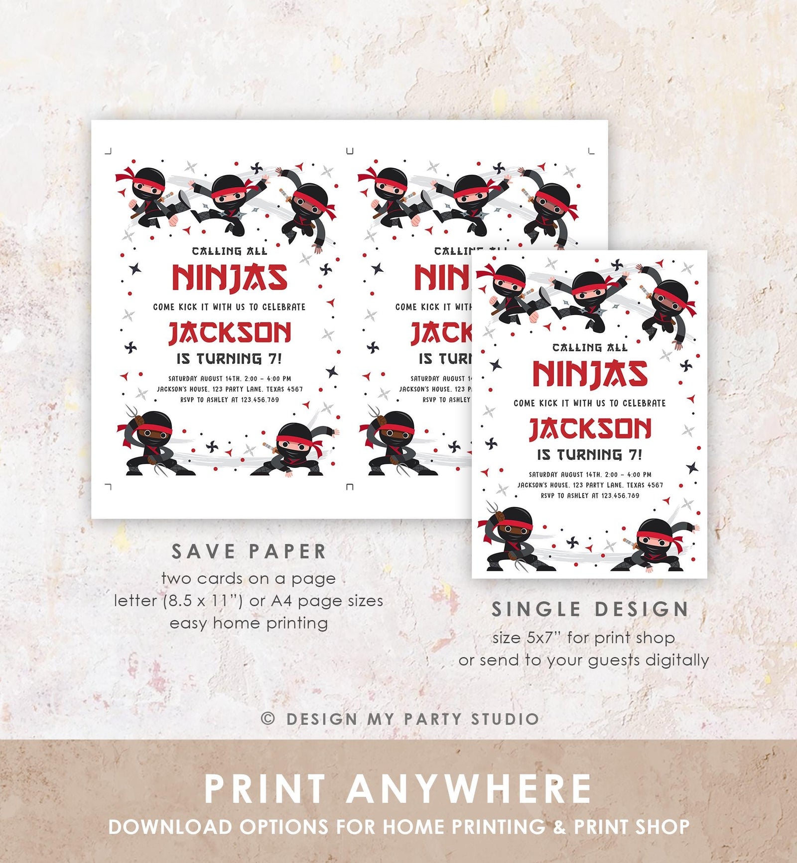 Editable Ninja Birthday Invitation Boy Red Martial Arts Party Warrior Karate Ninjutsu Digital Download Evite Template Printable 0534