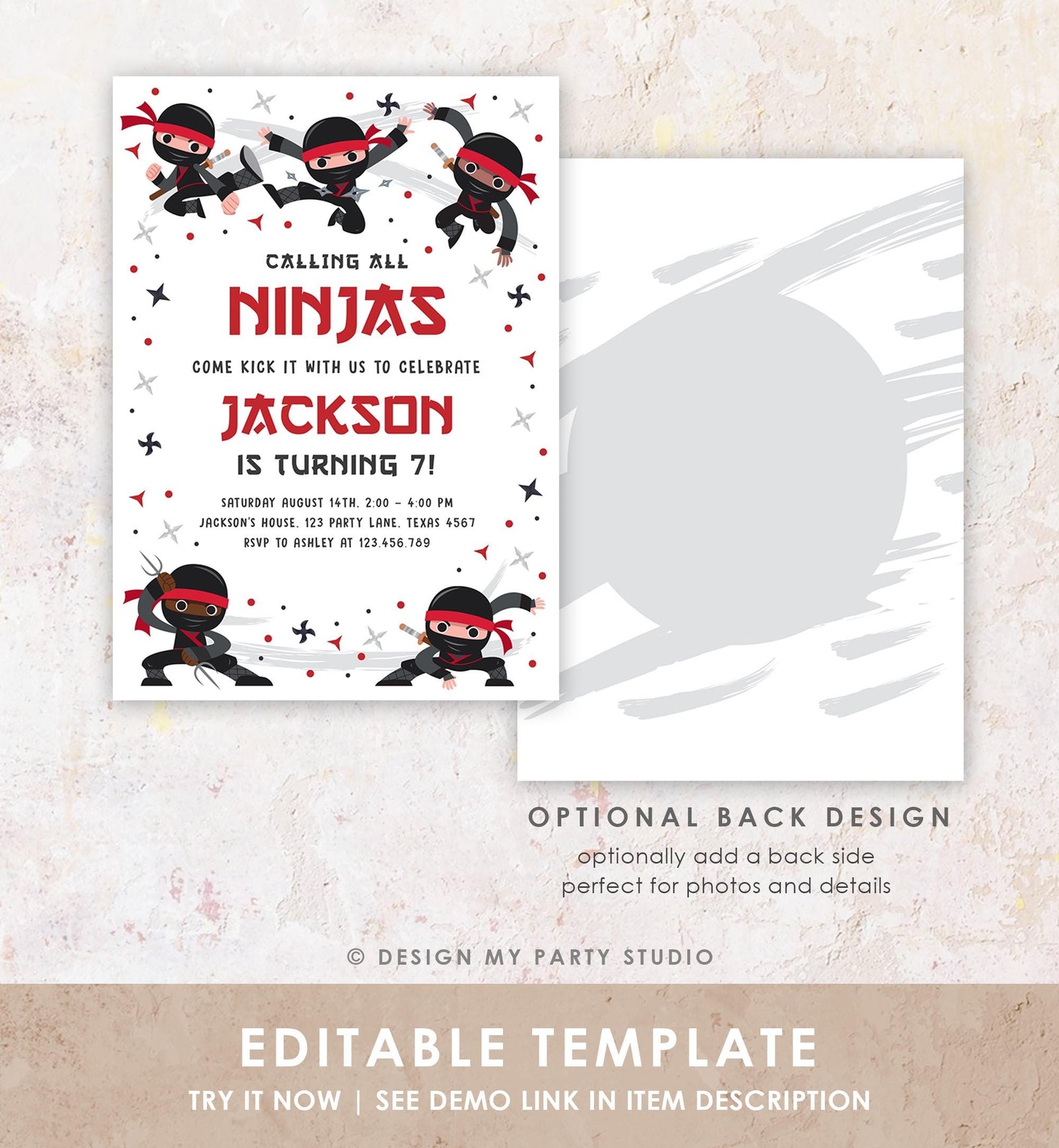 Editable Ninja Birthday Invitation Boy Red Martial Arts Party Warrior Karate Ninjutsu Digital Download Evite Template Printable 0534