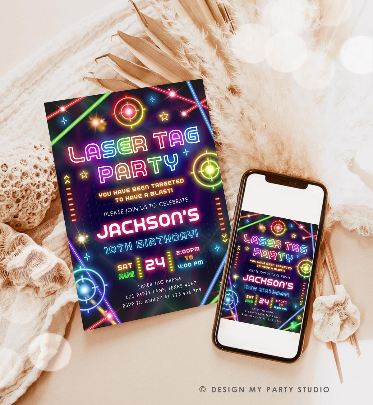Editable Laser Tag Party Birthday Invitation Animals Neon Glow Arcade Lazer Game On Hall Boy Digital Download Evite Template Printable 0536