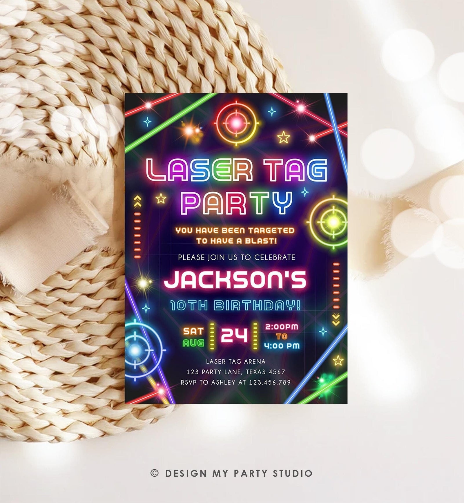 Editable Laser Tag Party Birthday Invitation Animals Neon Glow Arcade Lazer Game On Hall Boy Digital Download Evite Template Printable 0536