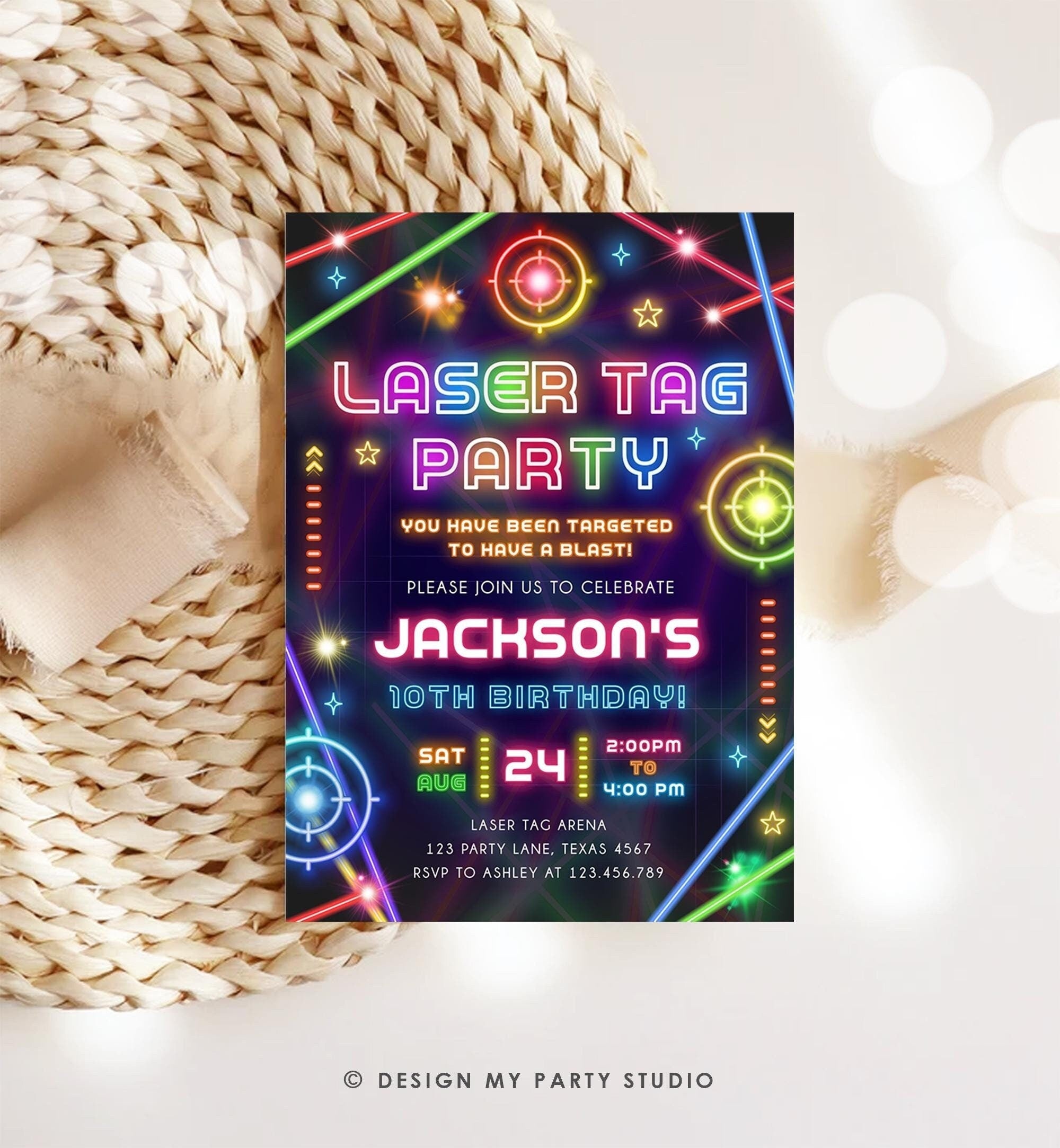Editable Laser Tag Party Birthday Invitation Animals Neon Glow Arcade Lazer Game On Hall Boy Digital Download Evite Template Printable 0536