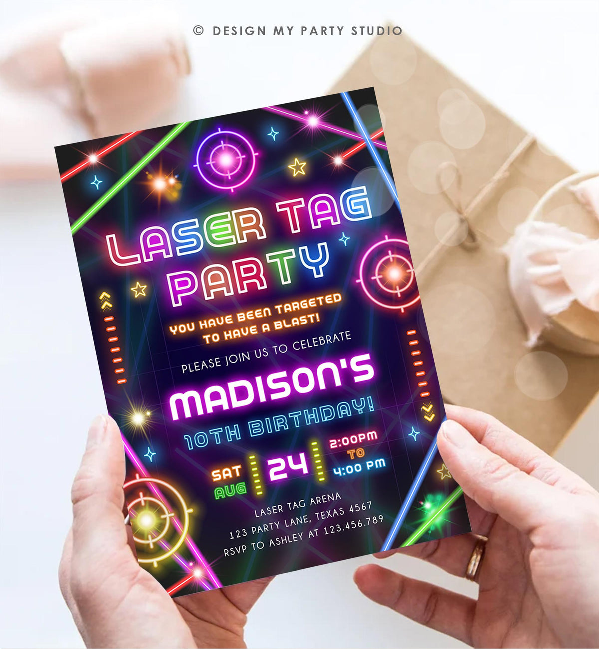 Editable Laser Tag Party Birthday Invitation Animals Neon Glow Arcade Lazer Game On Hall Girl Digital Download Evite Template Printable 0536