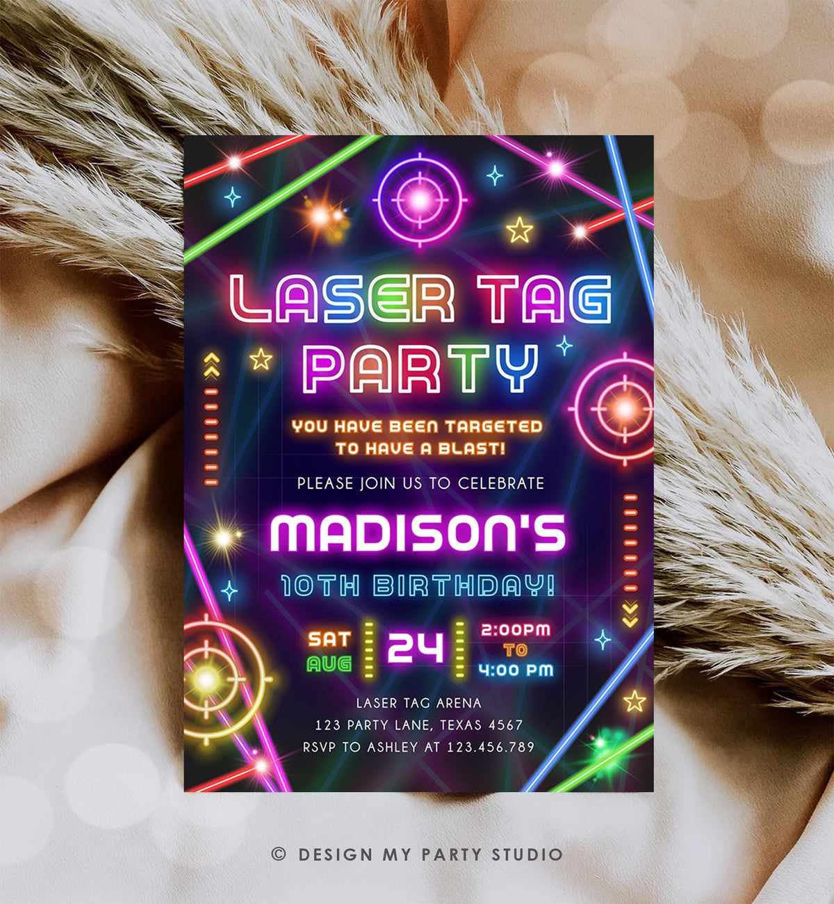 Editable Laser Tag Party Birthday Invitation Animals Neon Glow Arcade Lazer Game On Hall Girl Digital Download Evite Template Printable 0536