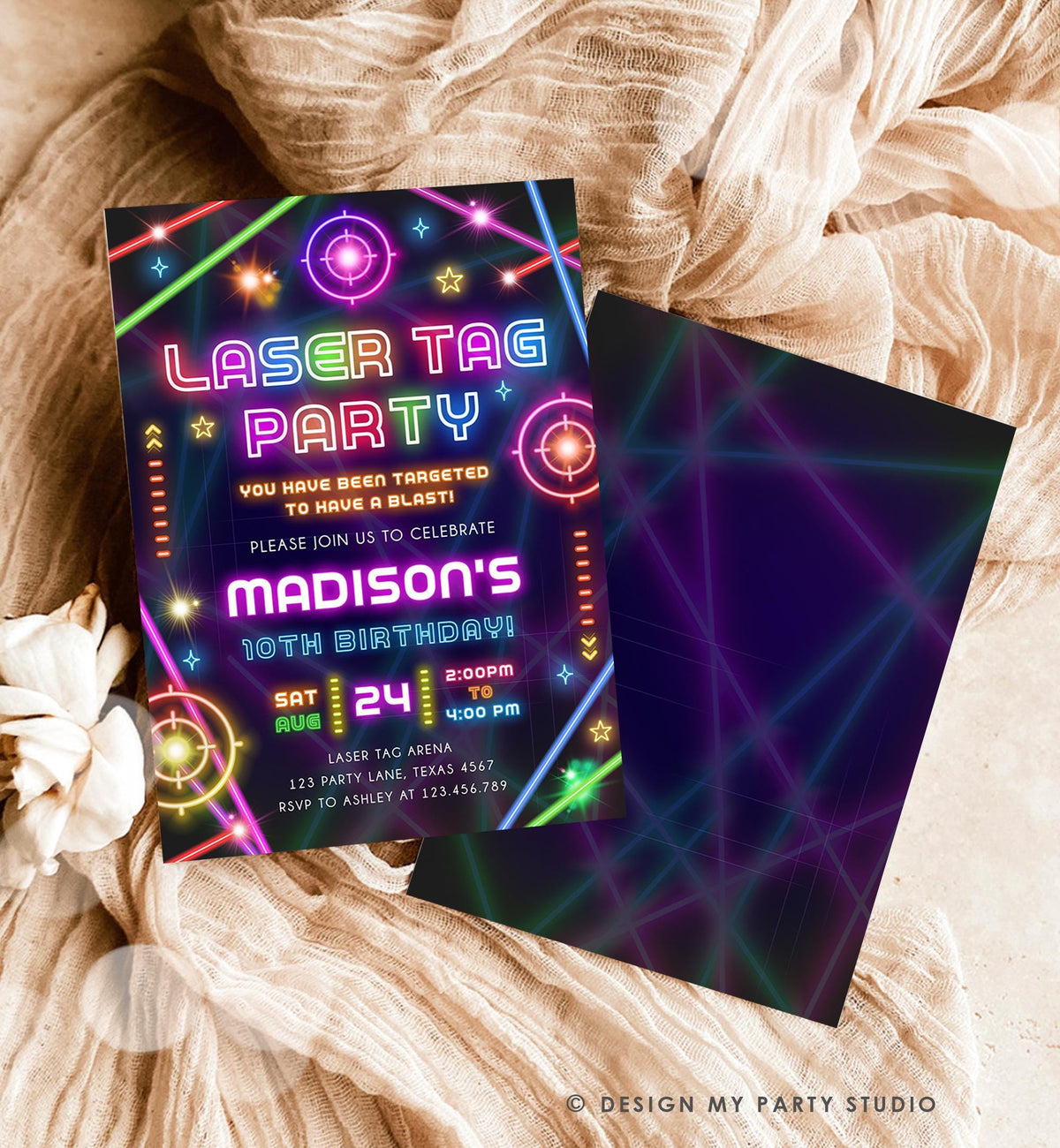 Editable Laser Tag Party Birthday Invitation Animals Neon Glow Arcade Lazer Game On Hall Girl Digital Download Evite Template Printable 0536