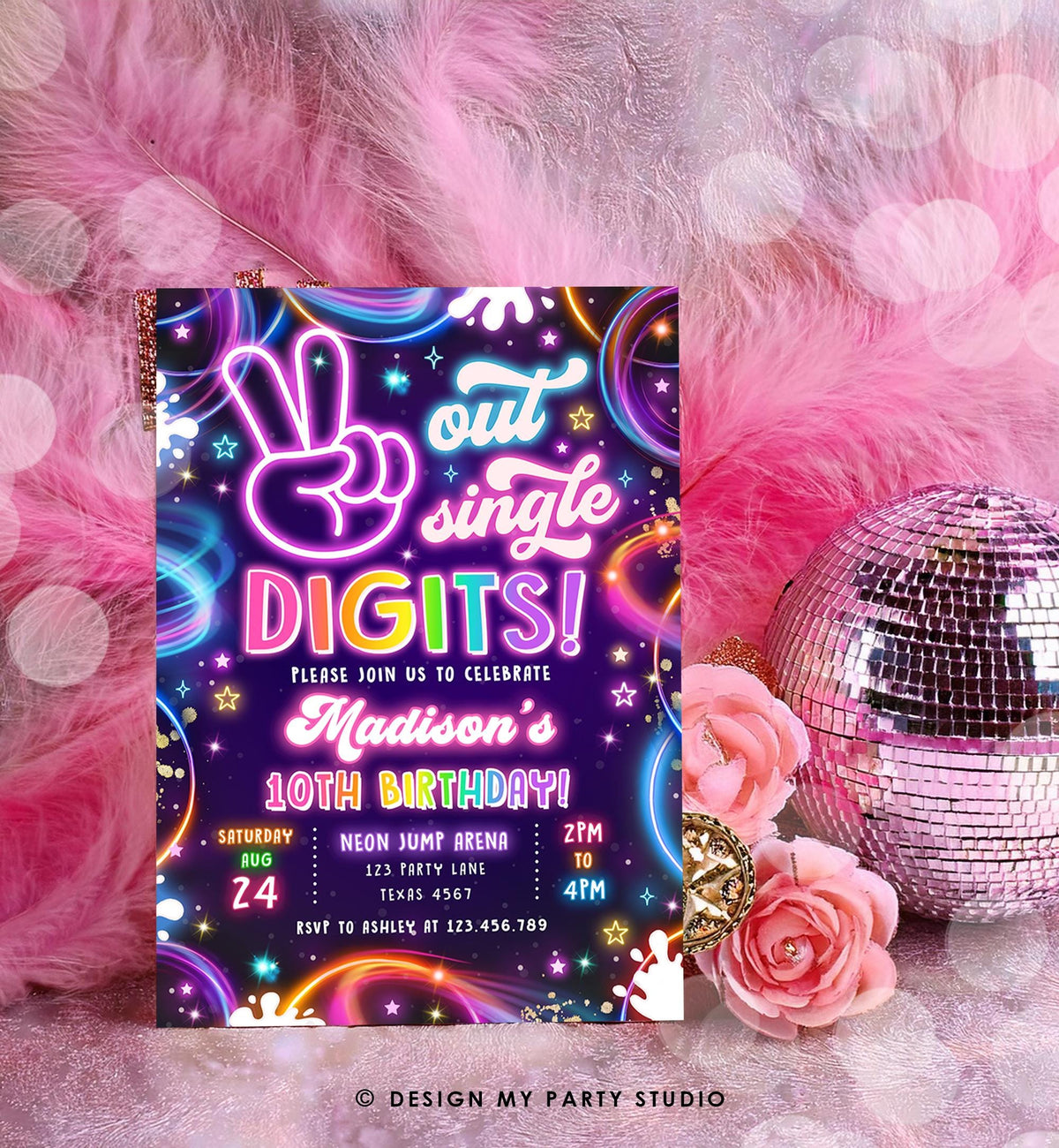 Editable Peace Out Single Digits Birthday Invitation Neon Glow Disco Girl 10th Birthday Party Digital Download Evite Template Printable 0537