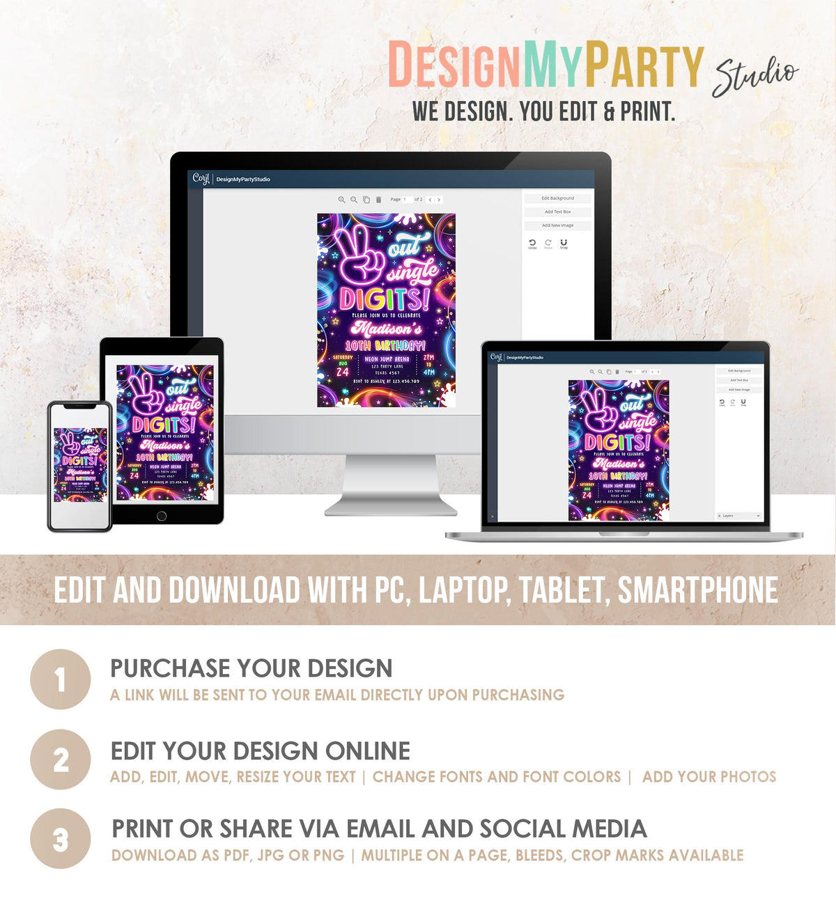 Editable Peace Out Single Digits Birthday Invitation Neon Glow Disco Girl 10th Birthday Party Digital Download Evite Template Printable 0537