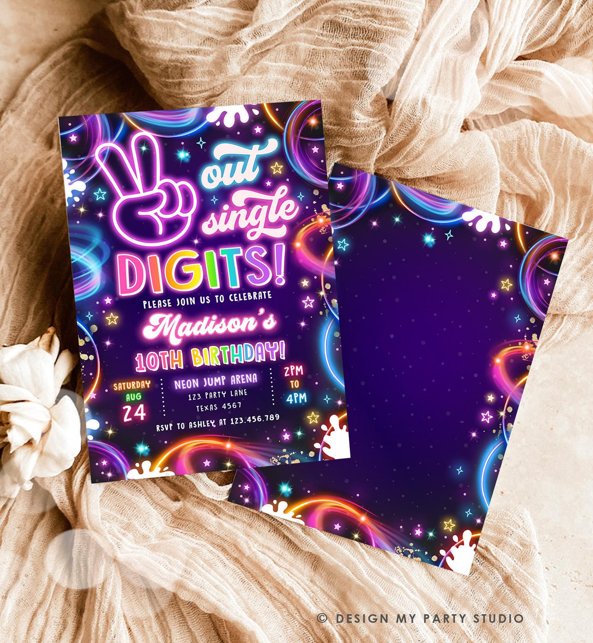 Editable Peace Out Single Digits Birthday Invitation Neon Glow Disco Girl 10th Birthday Party Digital Download Evite Template Printable 0537