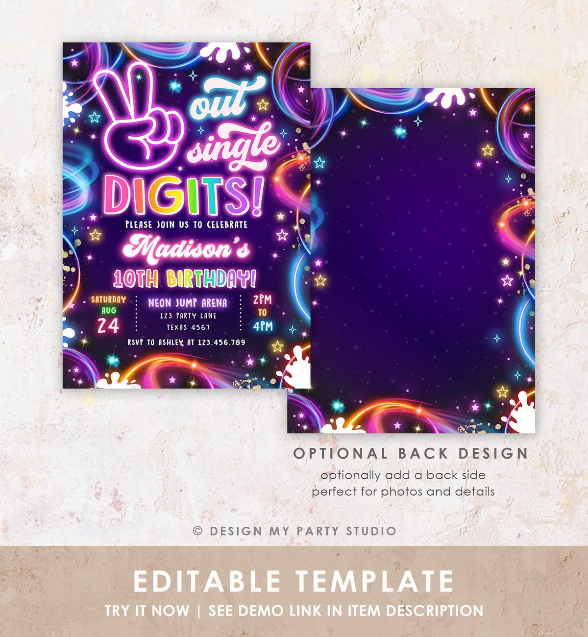 Editable Peace Out Single Digits Birthday Invitation Neon Glow Disco Girl 10th Birthday Party Digital Download Evite Template Printable 0537
