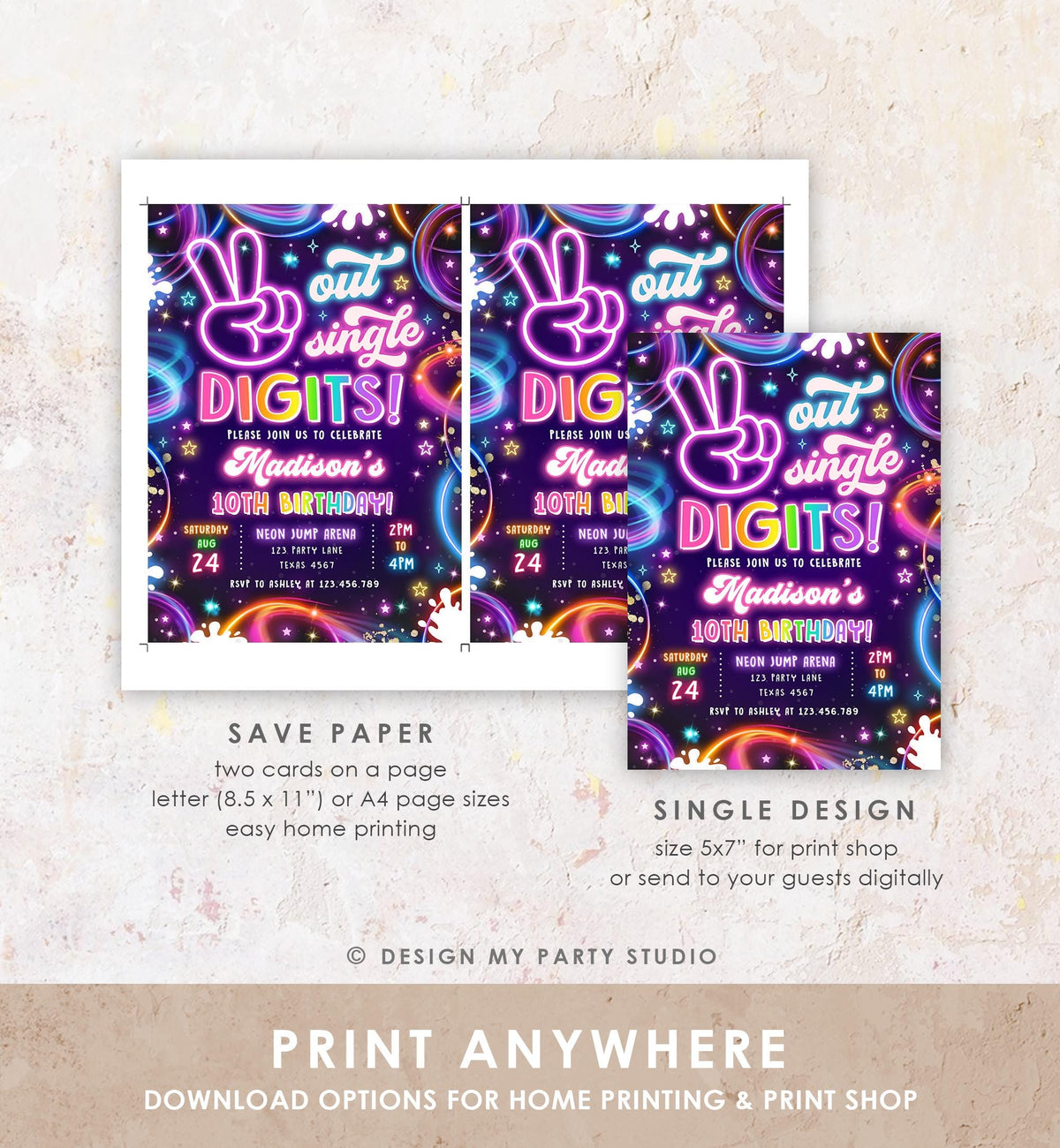 Editable Peace Out Single Digits Birthday Invitation Neon Glow Disco Girl 10th Birthday Party Digital Download Evite Template Printable 0537