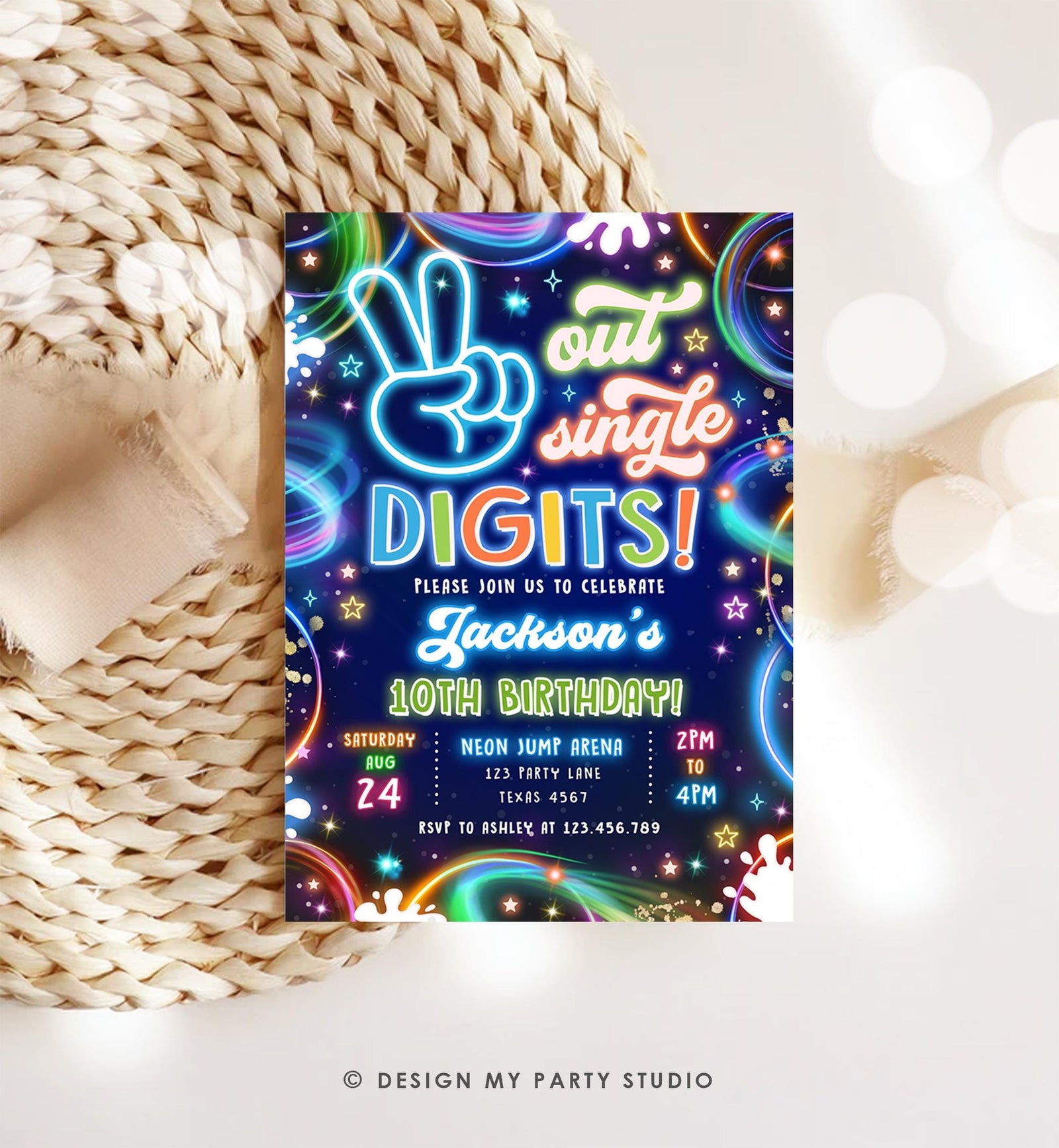 Editable Peace Out Single Digits Birthday Invitation Neon Glow Disco Boy 10th Birthday Party Digital Download Evite Template Printable 0537