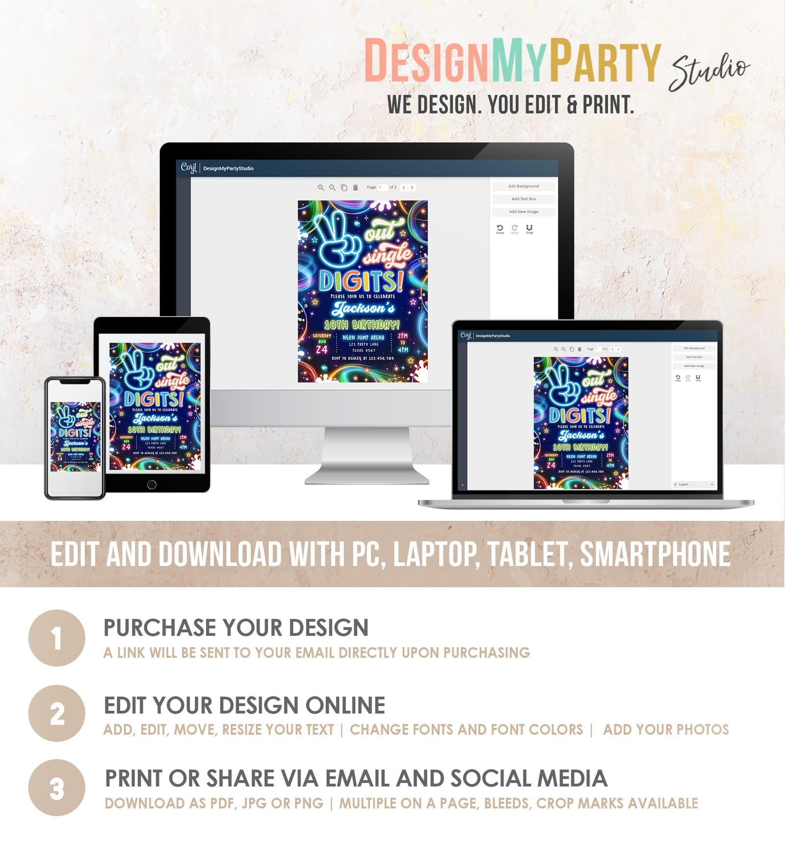 Editable Peace Out Single Digits Birthday Invitation Neon Glow Disco Boy 10th Birthday Party Digital Download Evite Template Printable 0537