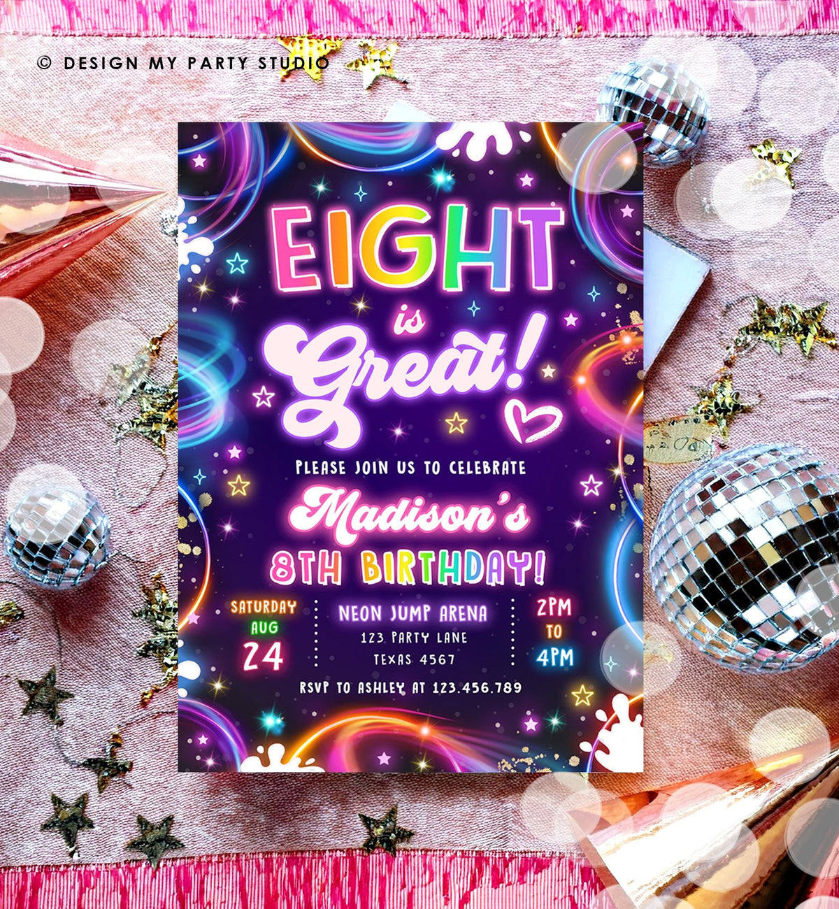 Editable Eight is Great Birthday Invitation Neon Glow Disco Girl 8th Birthday Party Digital Download Evite Template Printable 0537