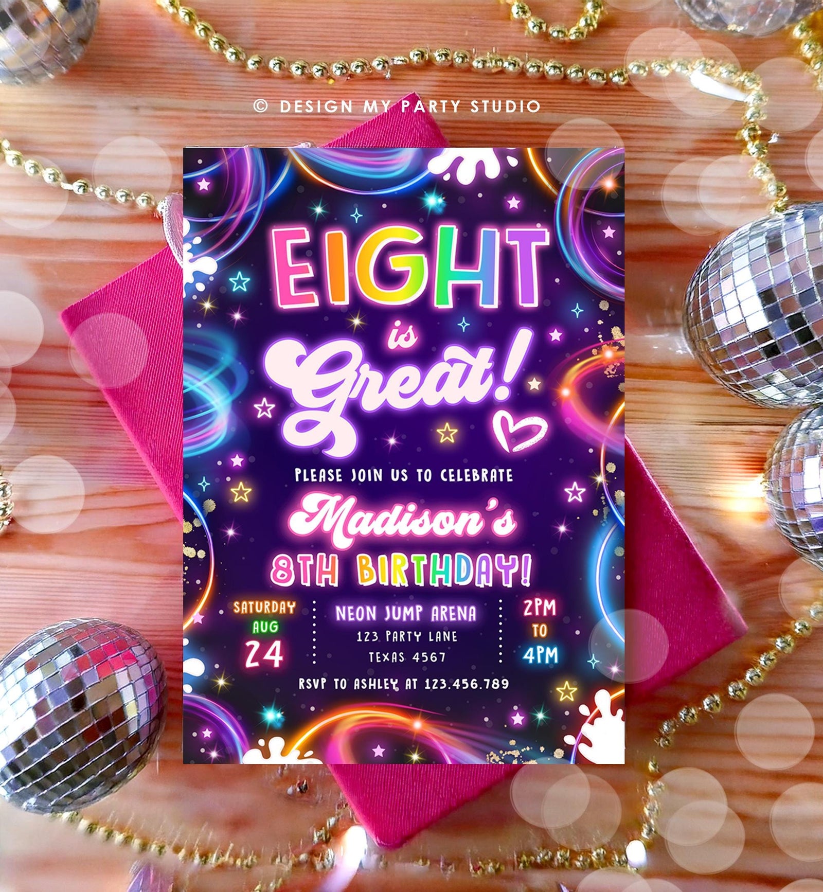 Editable Eight is Great Birthday Invitation Neon Glow Disco Girl 8th Birthday Party Digital Download Evite Template Printable 0537