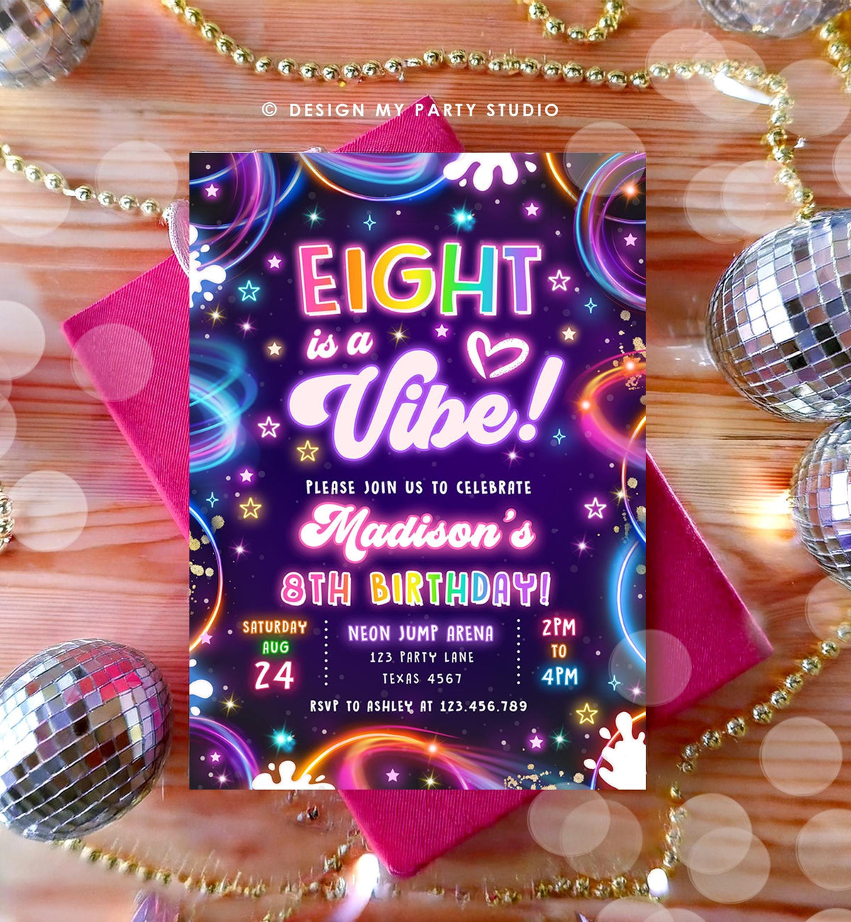 Editable Eight is a Vibe Birthday Invitation Neon Glow Disco Girl 8th Birthday Party Digital Download Evite Template Printable 0537