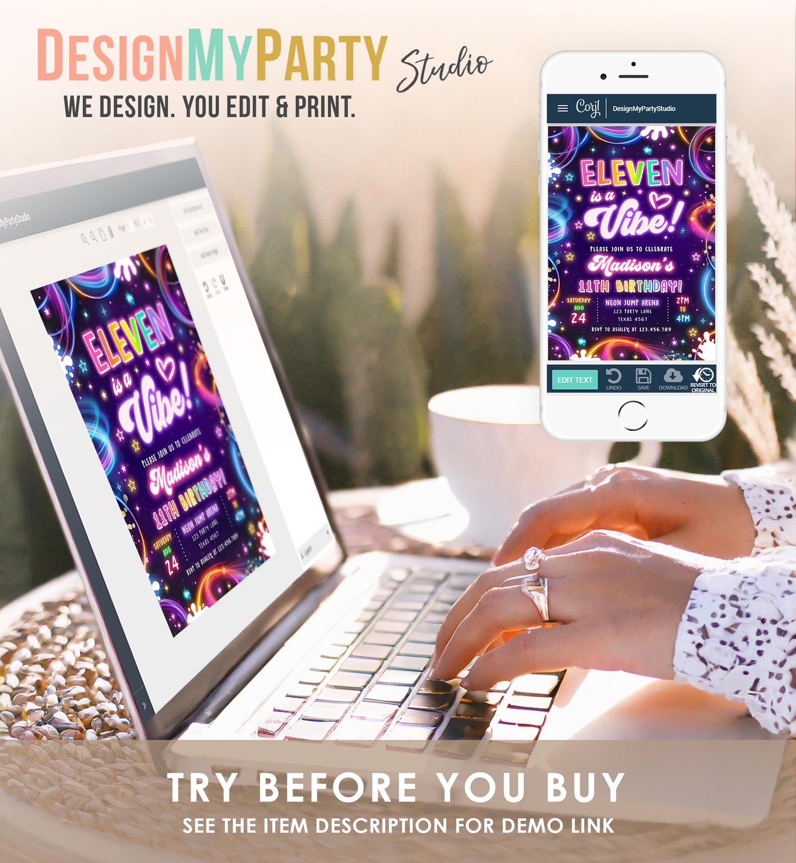 Editable Eleven is a Vibe Birthday Invitation Neon Glow Disco Girl 11th Birthday Party Digital Download Evite Template Printable 0537