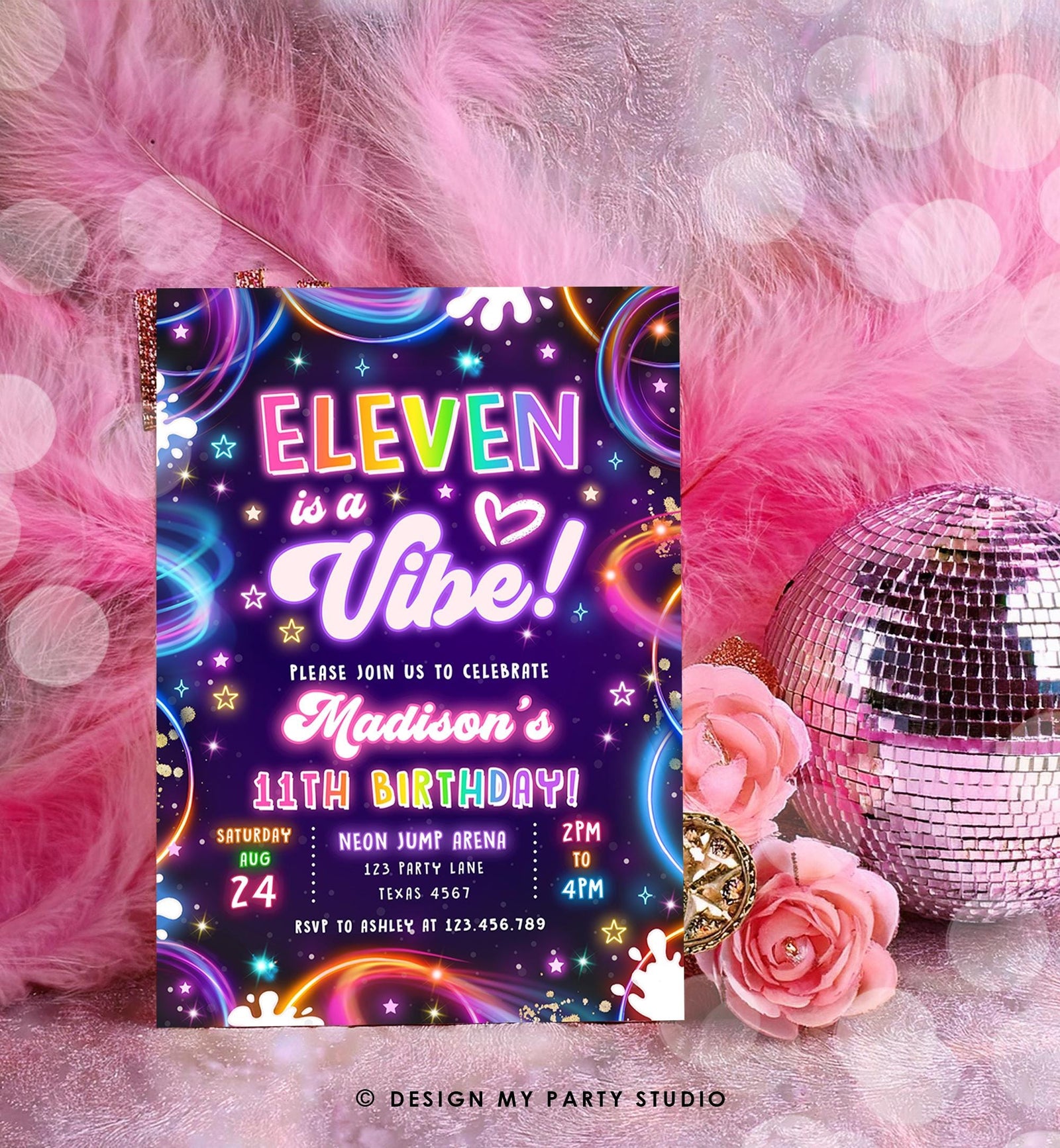 Editable Eleven is a Vibe Birthday Invitation Neon Glow Disco Girl 11th Birthday Party Digital Download Evite Template Printable 0537