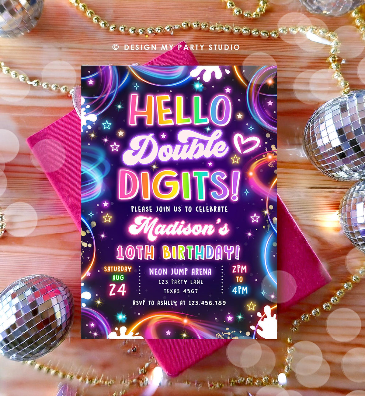 Editable Hello Double Digits Birthday Invitation Neon Glow Disco Girl 10th Birthday Party Digital Download Evite Template Printable 0537