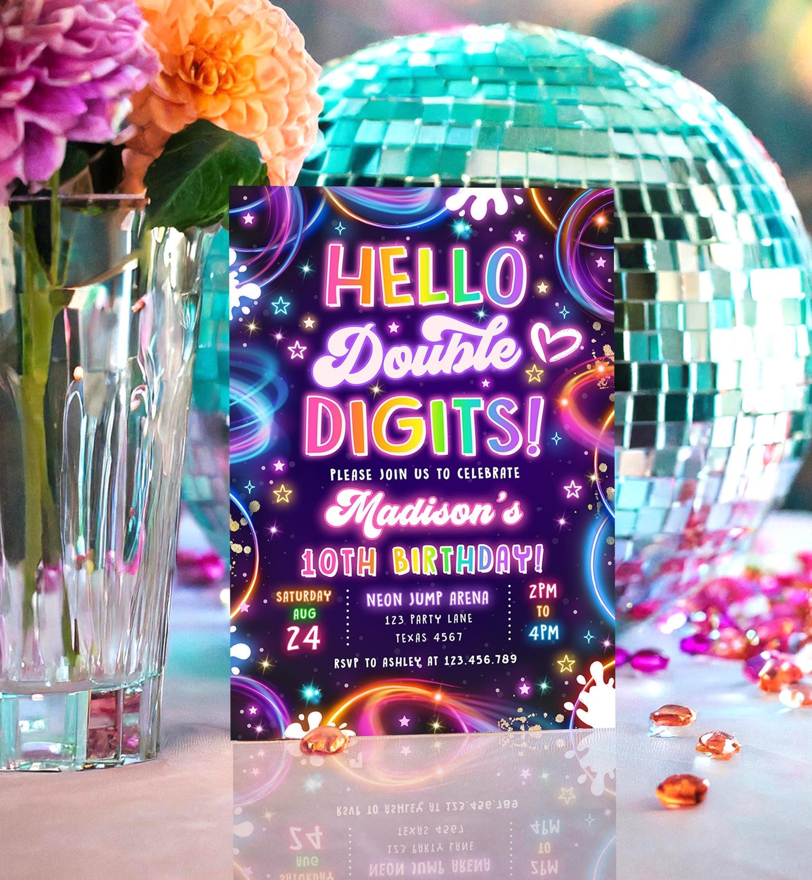 Editable Hello Double Digits Birthday Invitation Neon Glow Disco Girl 10th Birthday Party Digital Download Evite Template Printable 0537