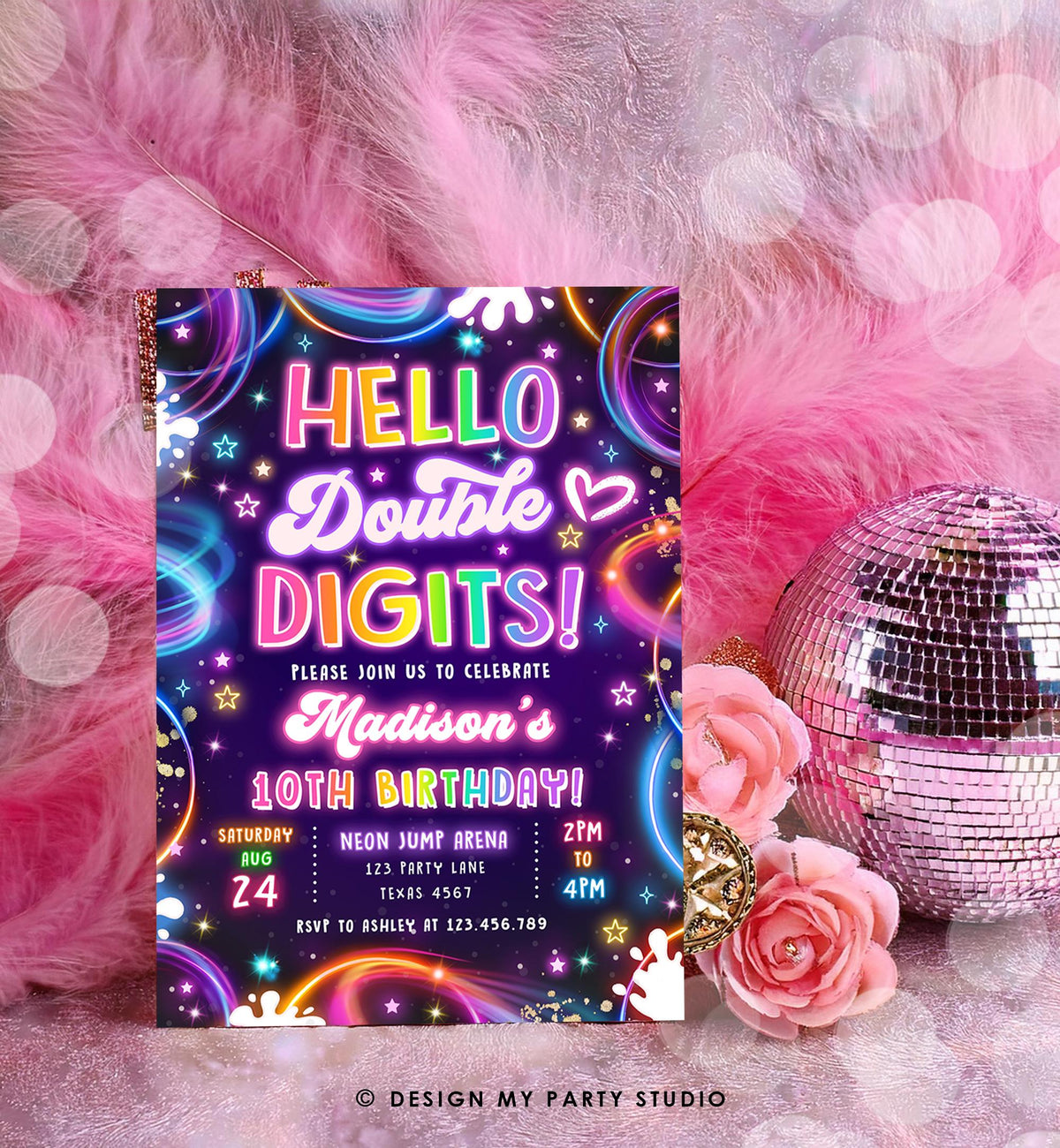 Editable Hello Double Digits Birthday Invitation Neon Glow Disco Girl 10th Birthday Party Digital Download Evite Template Printable 0537