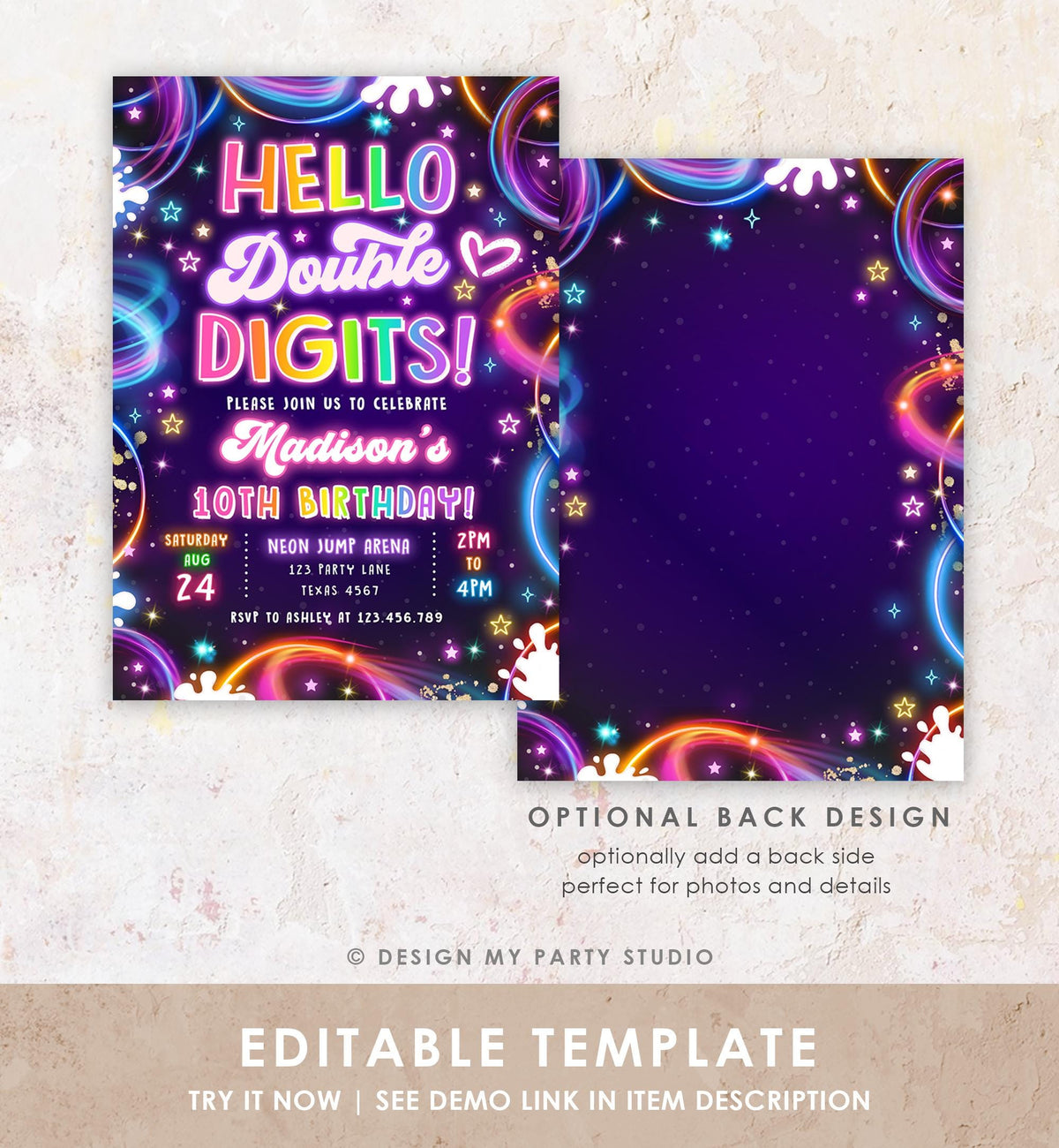 Editable Hello Double Digits Birthday Invitation Neon Glow Disco Girl 10th Birthday Party Digital Download Evite Template Printable 0537