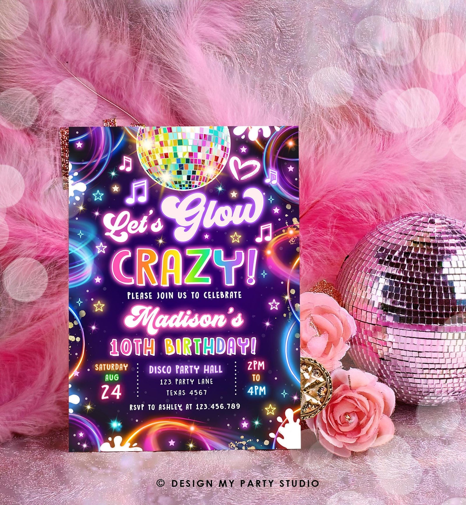 Editable Let's Glow Crazy Birthday Invitation Neon Glow Disco Party Girl Retro Groovy Digital Download Evite Template Printable 0537