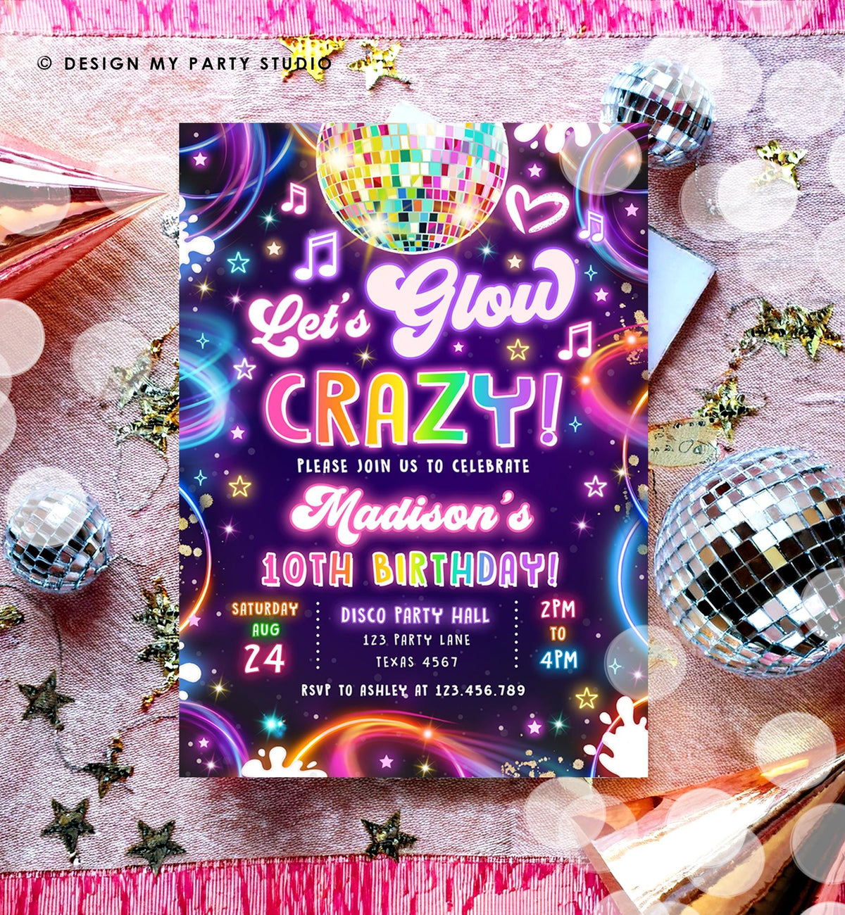 Editable Let's Glow Crazy Birthday Invitation Neon Glow Disco Party Girl Retro Groovy Digital Download Evite Template Printable 0537