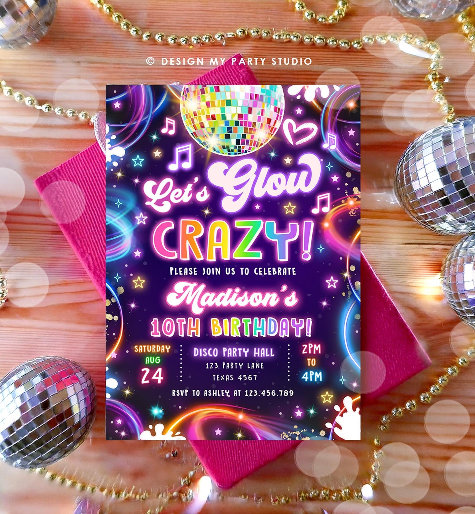 Editable Let's Glow Crazy Birthday Invitation Neon Glow Disco Party Girl Retro Groovy Digital Download Evite Template Printable 0537