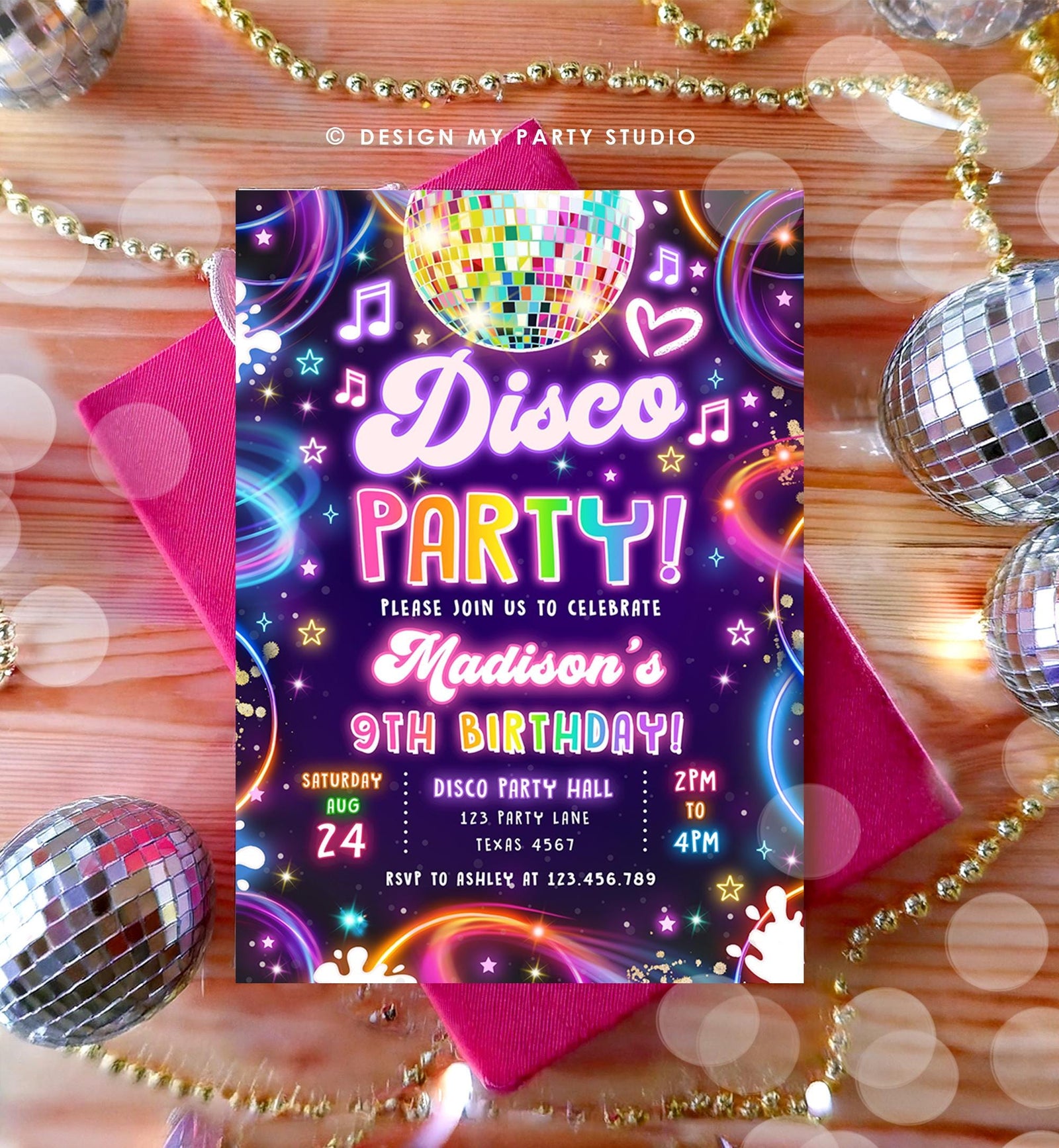 Editable Disco Party Birthday Invitation Neon Glow Let's Glow Crazy Girl Retro Groovy Digital Download Evite Template Printable 0537