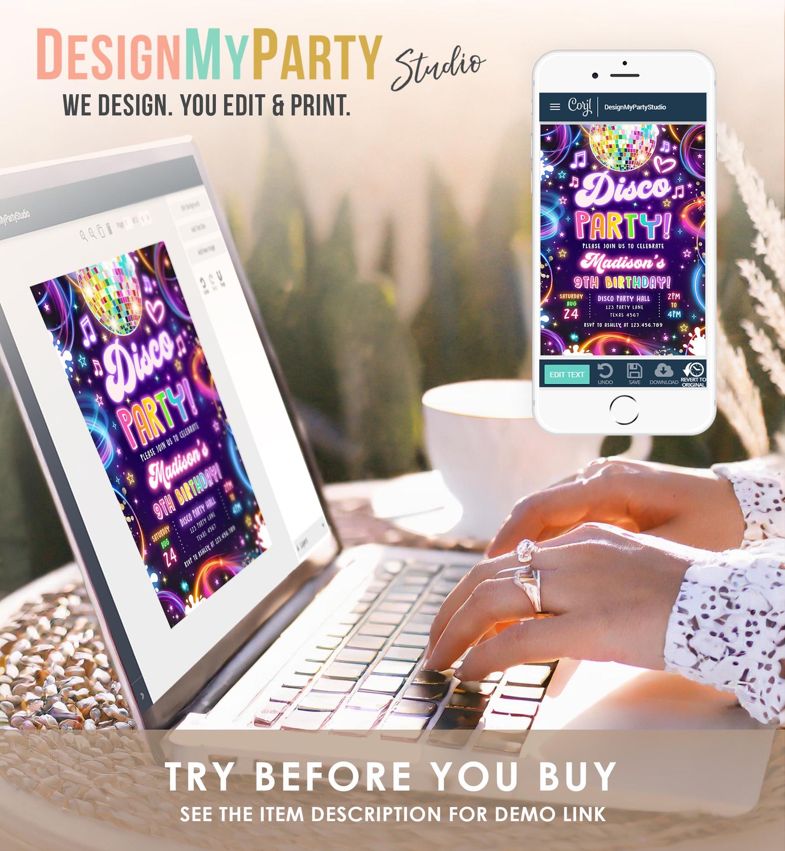 Editable Disco Party Birthday Invitation Neon Glow Let's Glow Crazy Girl Retro Groovy Digital Download Evite Template Printable 0537