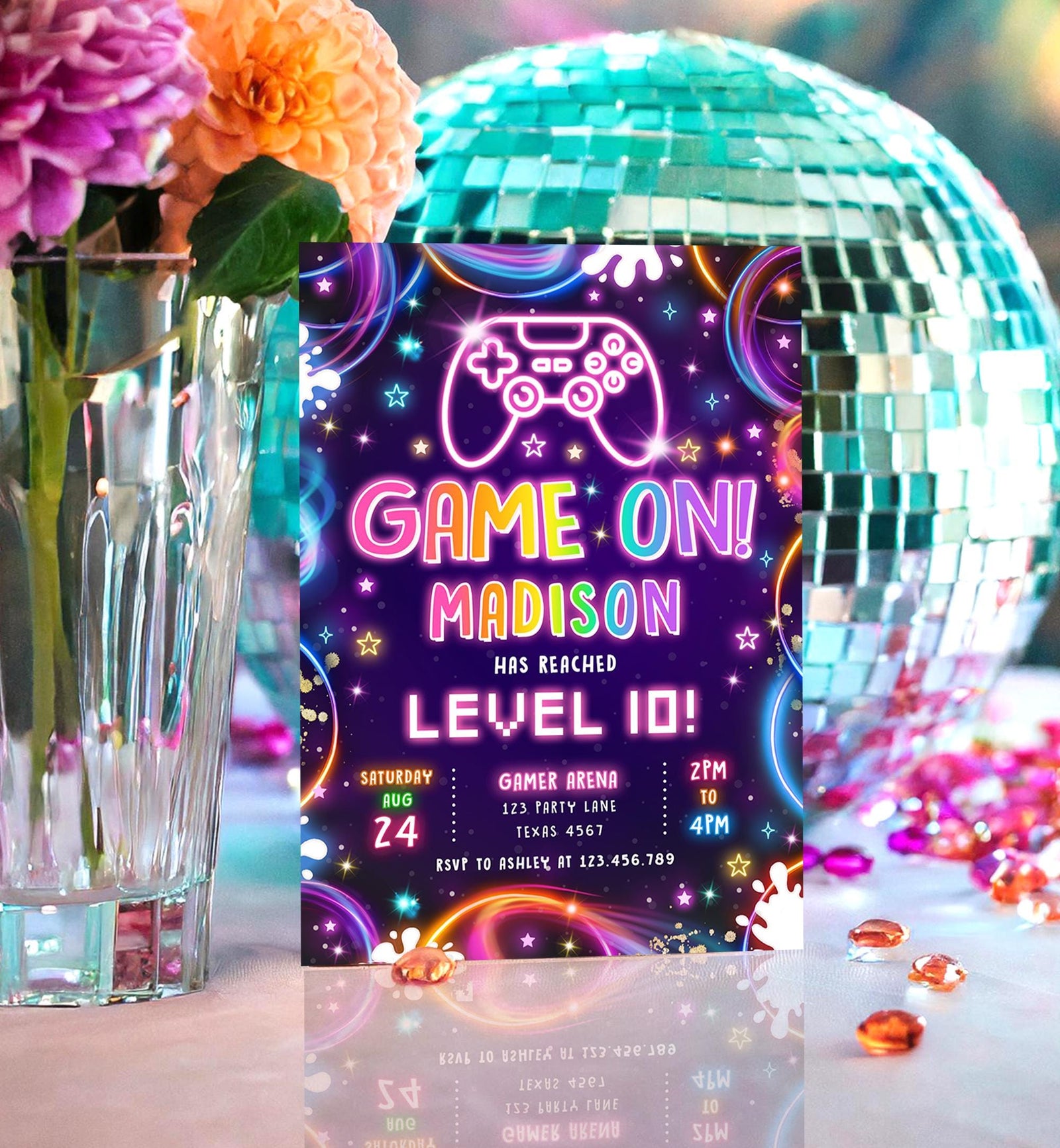 Editable Game On Birthday Invitation Video Game Gamer Level Up Neon Glow Girl Epic Play Party Fun Digital Evite Template Printable 0537