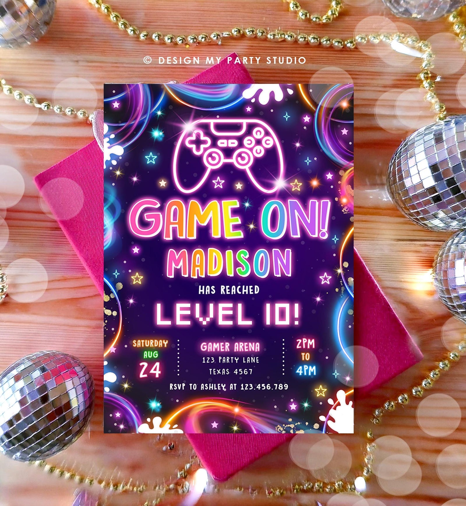Editable Game On Birthday Invitation Video Game Gamer Level Up Neon Glow Girl Epic Play Party Fun Digital Evite Template Printable 0537
