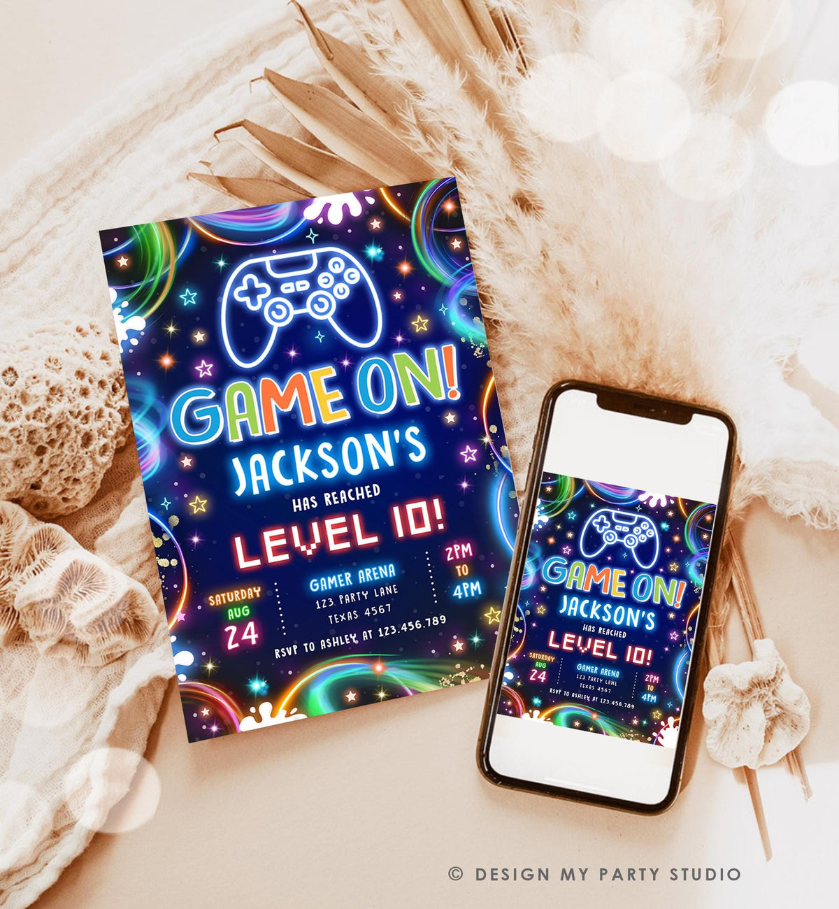 Editable Game On Birthday Invitation Video Game Gamer Level Up Neon Glow Boy Epic Play Party Fun Digital Evite Template Printable 0537