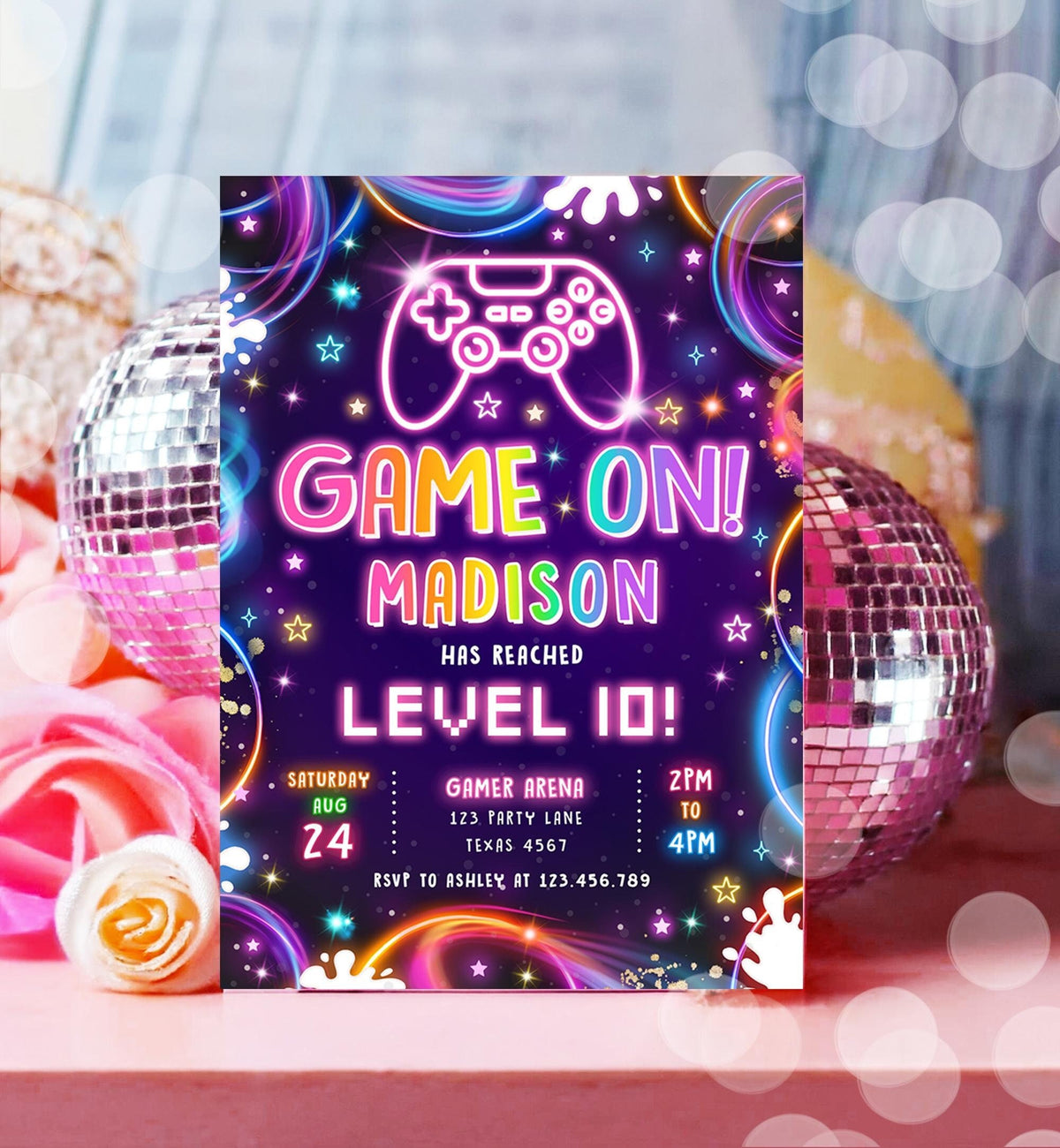 Editable Game On Birthday Invitation Video Game Gamer Level Up Neon Glow Girl Epic Play Party Fun Digital Evite Template Printable 0537