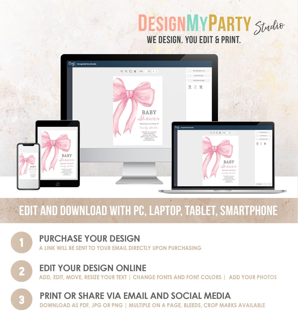 Editable Blush Pink Bow Baby Shower Invitation Girl Pink Coquette Baby Shower Invite Preppy Minimalist Template Digital Download Evite 0527