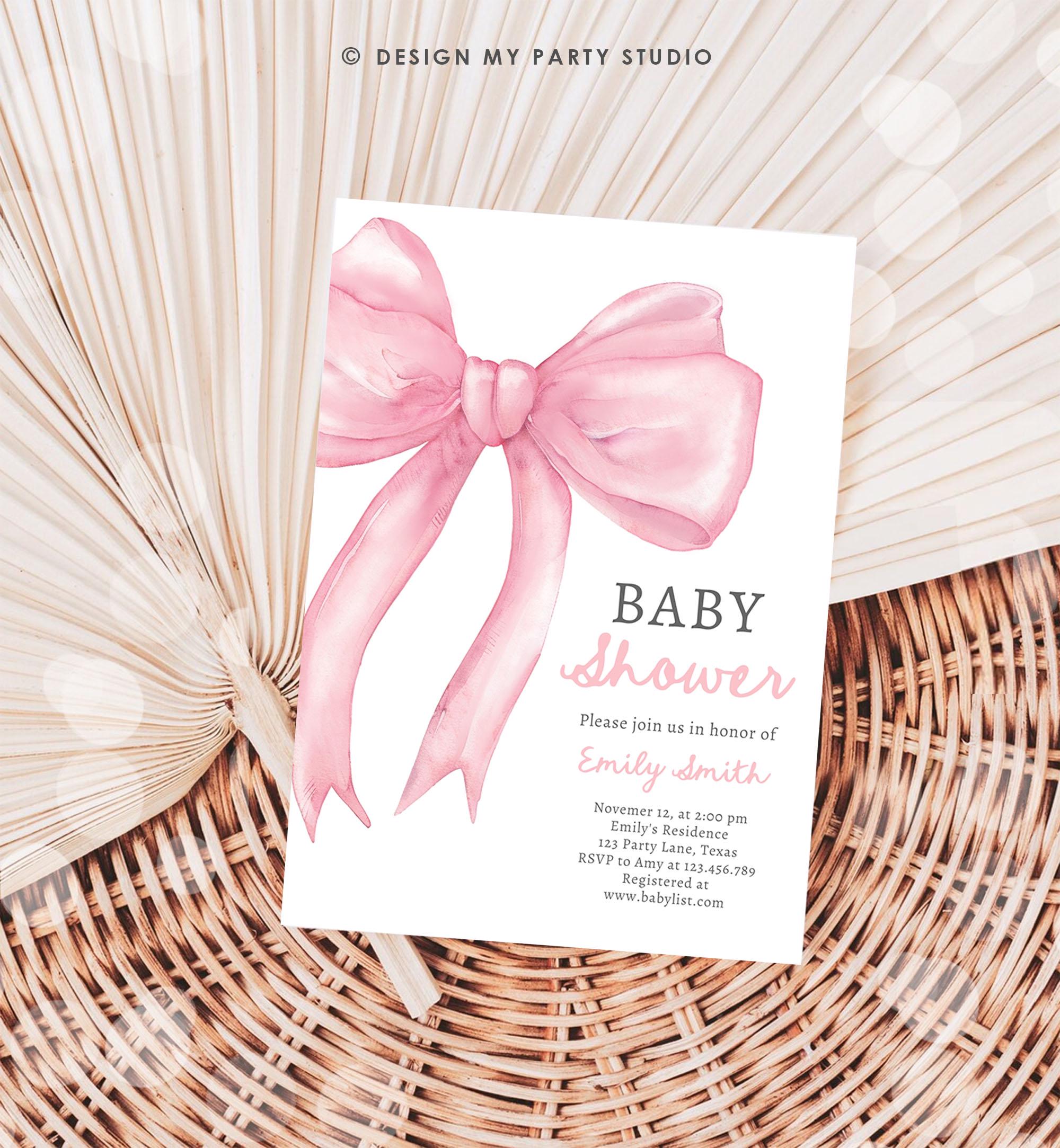 Editable Blush Pink Bow Baby Shower Invitation Girl Pink Coquette Baby Shower Invite Preppy Minimalist Template Digital Download Evite 0527