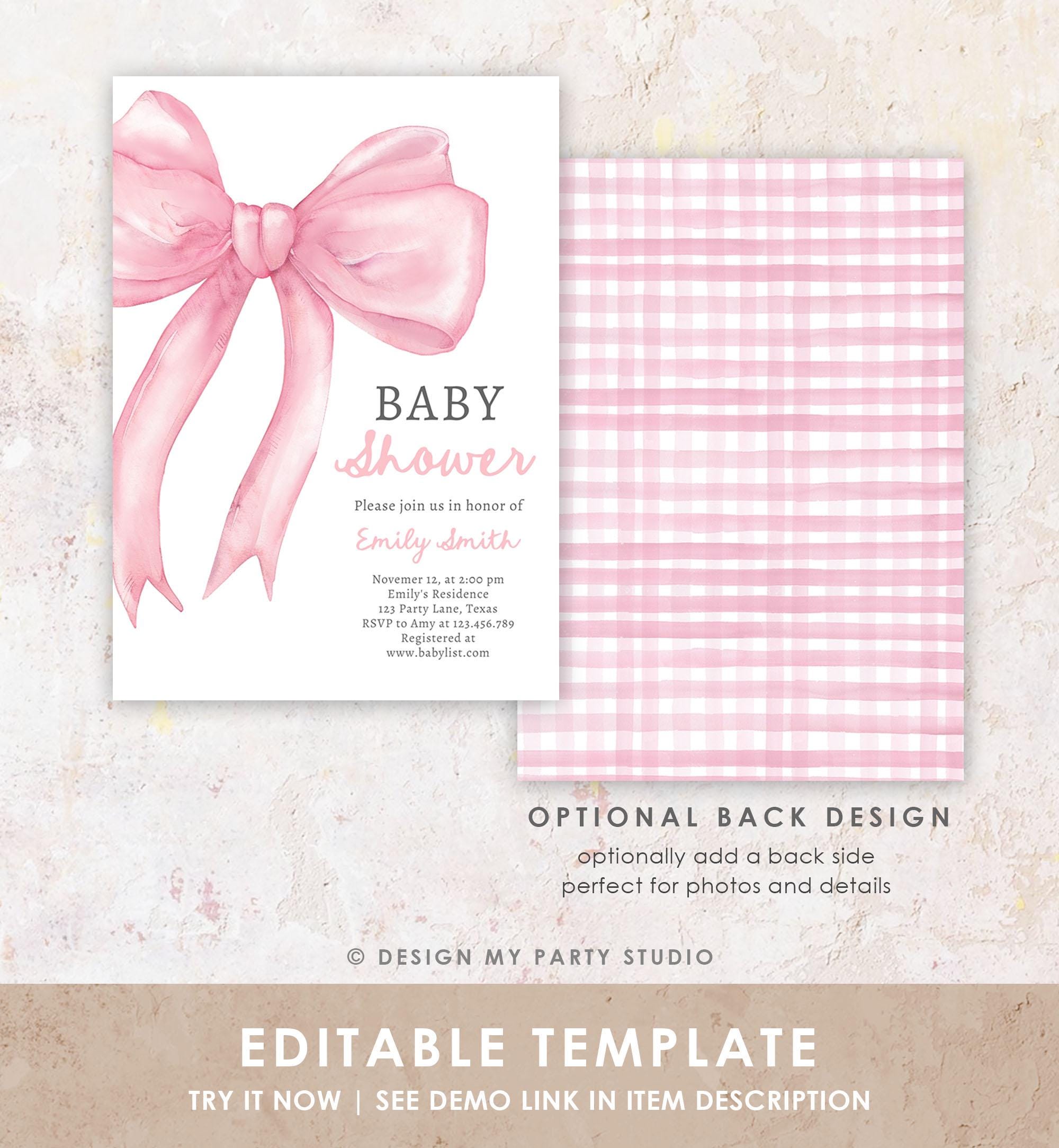 Editable Blush Pink Bow Baby Shower Invitation Girl Pink Coquette Baby Shower Invite Preppy Minimalist Template Digital Download Evite 0527